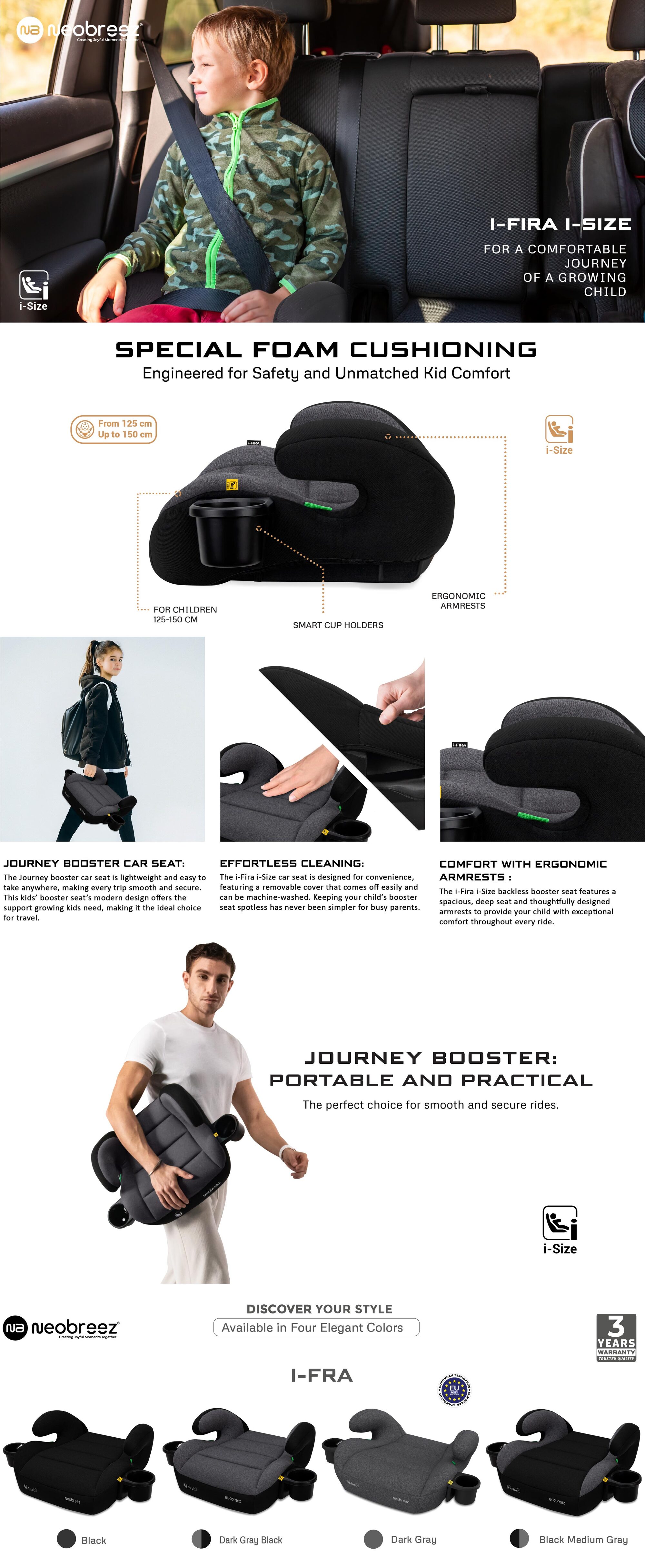 I-FIRA I-Size Backless Booster Car Seat, Double Padded Foam, Compact, Lightweight&Portable Travel Childrens Kids Boys Girls Car Seat, Arm Rest Seat, 2 Cup Holder, ECER129, 6-12Yrs, 22-36Kg, Group 3