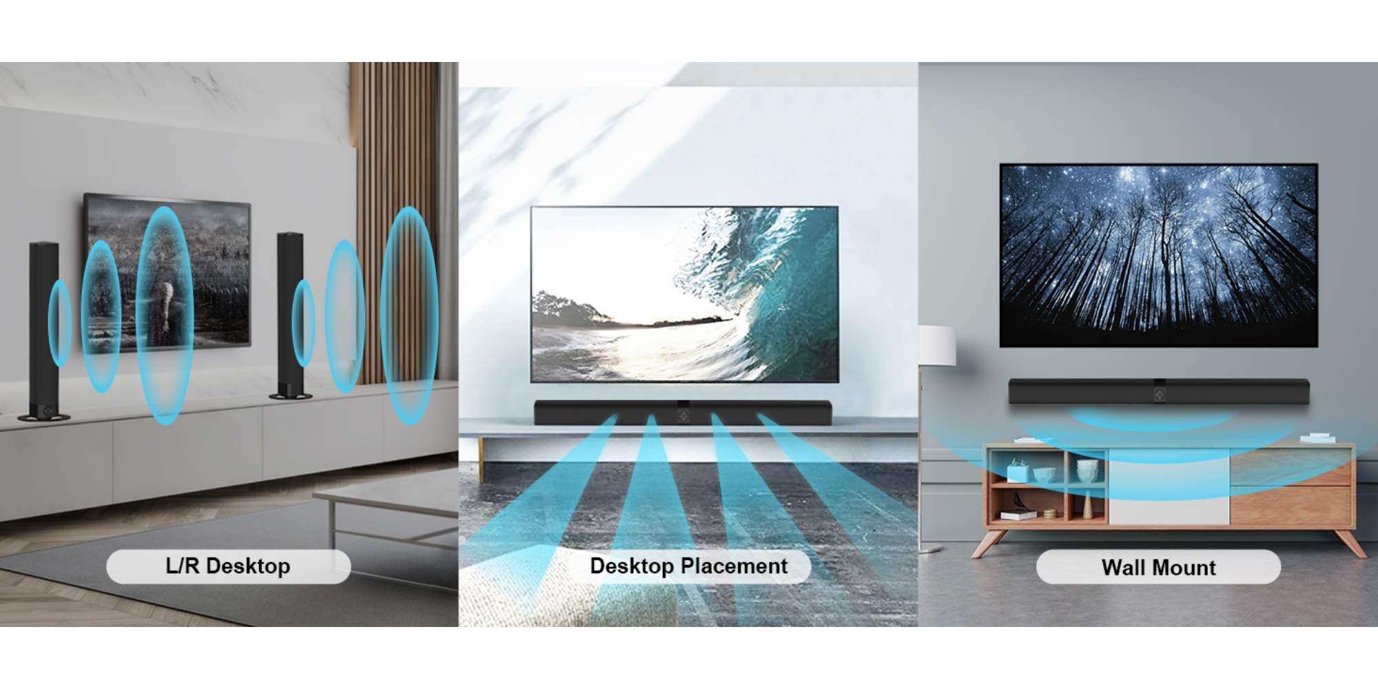 Sound Bar for Smart TV, Soundbar with Bluetooth/ARC/Opt/AUX Connect, Auto Volume Boost, 3 Equalizer Modes, 2 in 1 Detachable Soundbar for TV/PC/Gaming/Projectors