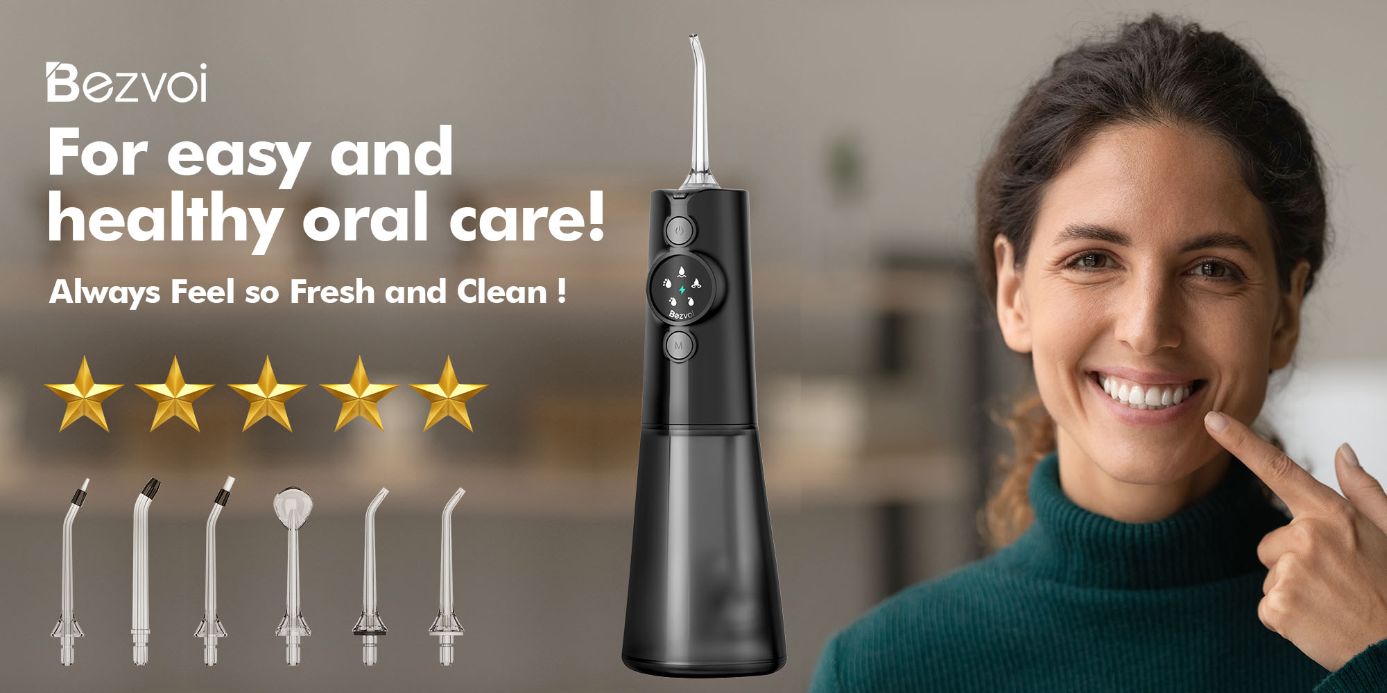 Water Dental Flosser Cordless: Water Floss Teeth Pick LED Display 5 Modes, 300ML Water Tank, IPX7 Waterproof Portable Oral Irrigator with 6 Jet Tips for Travel, Home (Black)