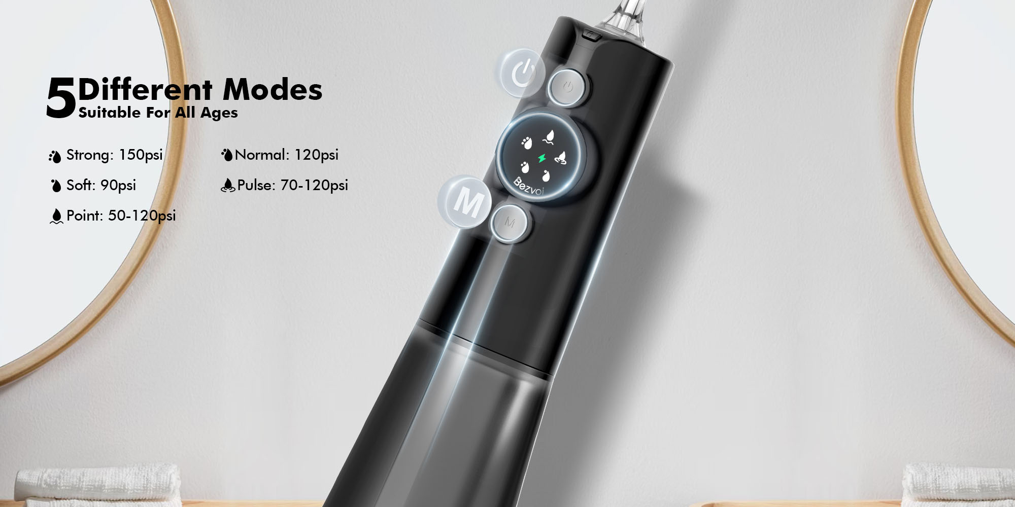 Water Dental Flosser Cordless: Water Floss Teeth Pick LED Display 5 Modes, 300ML Water Tank, IPX7 Waterproof Portable Oral Irrigator with 6 Jet Tips for Travel, Home (Black)