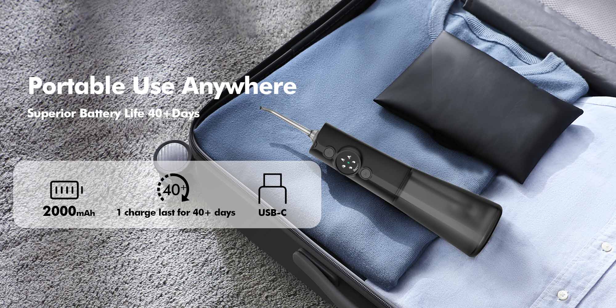 Water Dental Flosser Cordless: Water Floss Teeth Pick LED Display 5 Modes, 300ML Water Tank, IPX7 Waterproof Portable Oral Irrigator with 6 Jet Tips for Travel, Home (Black)