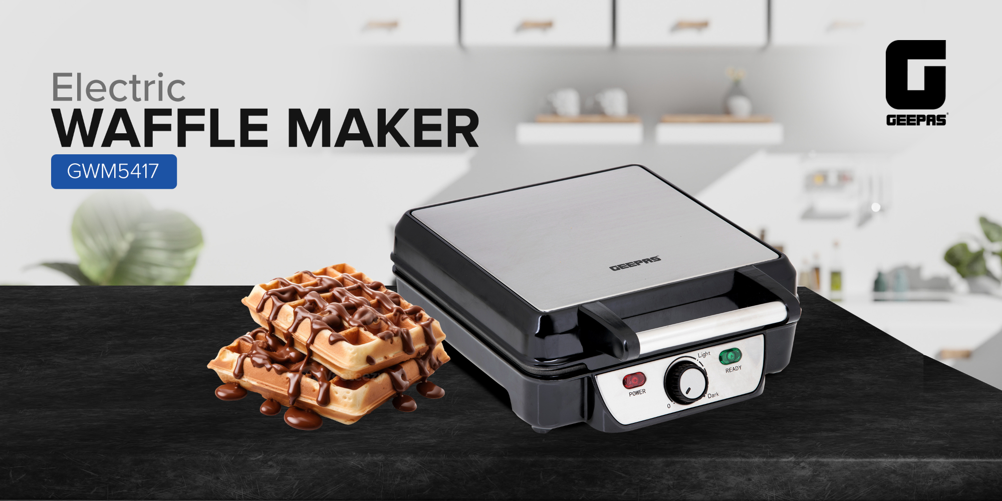 Electric Waffle Maker -  4 Slice Non-Stick Electric Belgian Waffle Maker with Adjustable Temperature Control - Pre-heating, Cool Touch Body - Handle - Automatic Safety Protection 1100 W GWM5417 Silver/Black