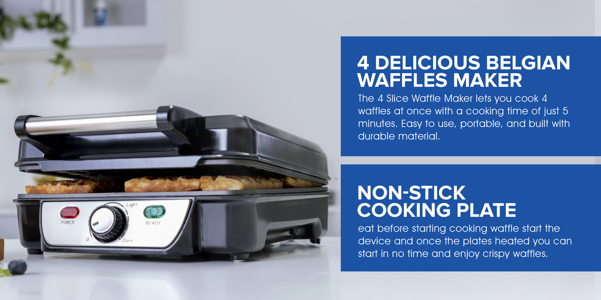 Electric Waffle Maker -  4 Slice Non-Stick Electric Belgian Waffle Maker with Adjustable Temperature Control - Pre-heating, Cool Touch Body - Handle - Automatic Safety Protection 1100 W GWM5417 Silver/Black