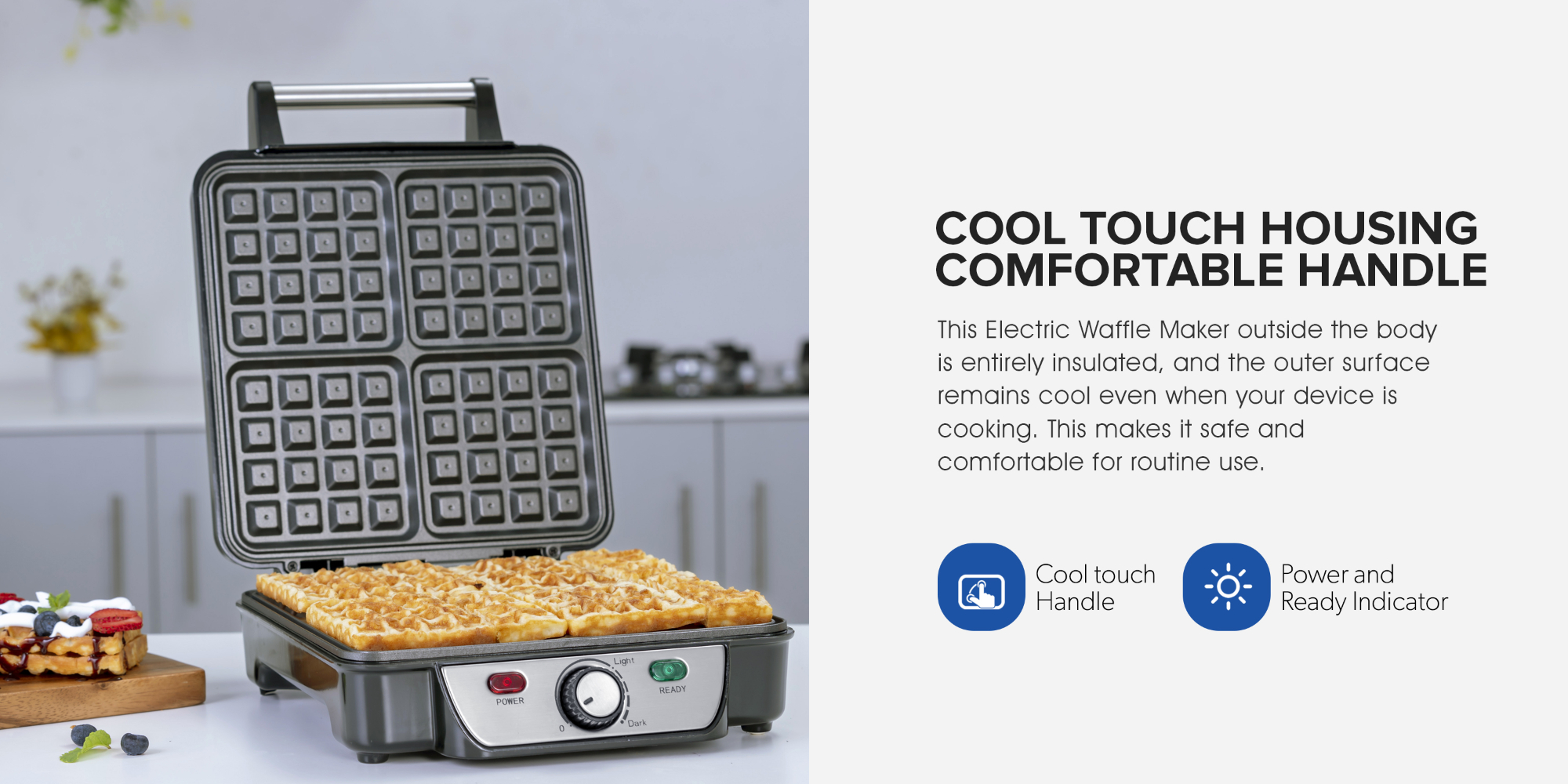 Electric Waffle Maker -  4 Slice Non-Stick Electric Belgian Waffle Maker with Adjustable Temperature Control - Pre-heating, Cool Touch Body - Handle - Automatic Safety Protection 1100 W GWM5417 Silver/Black