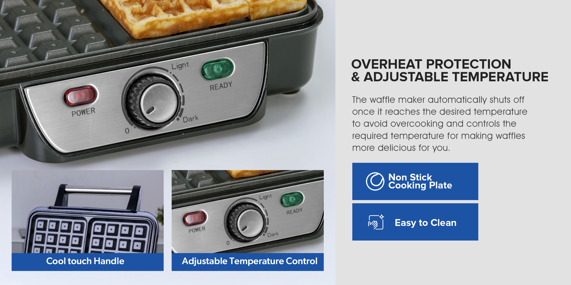 Electric Waffle Maker -  4 Slice Non-Stick Electric Belgian Waffle Maker with Adjustable Temperature Control - Pre-heating, Cool Touch Body - Handle - Automatic Safety Protection 1100 W GWM5417 Silver/Black