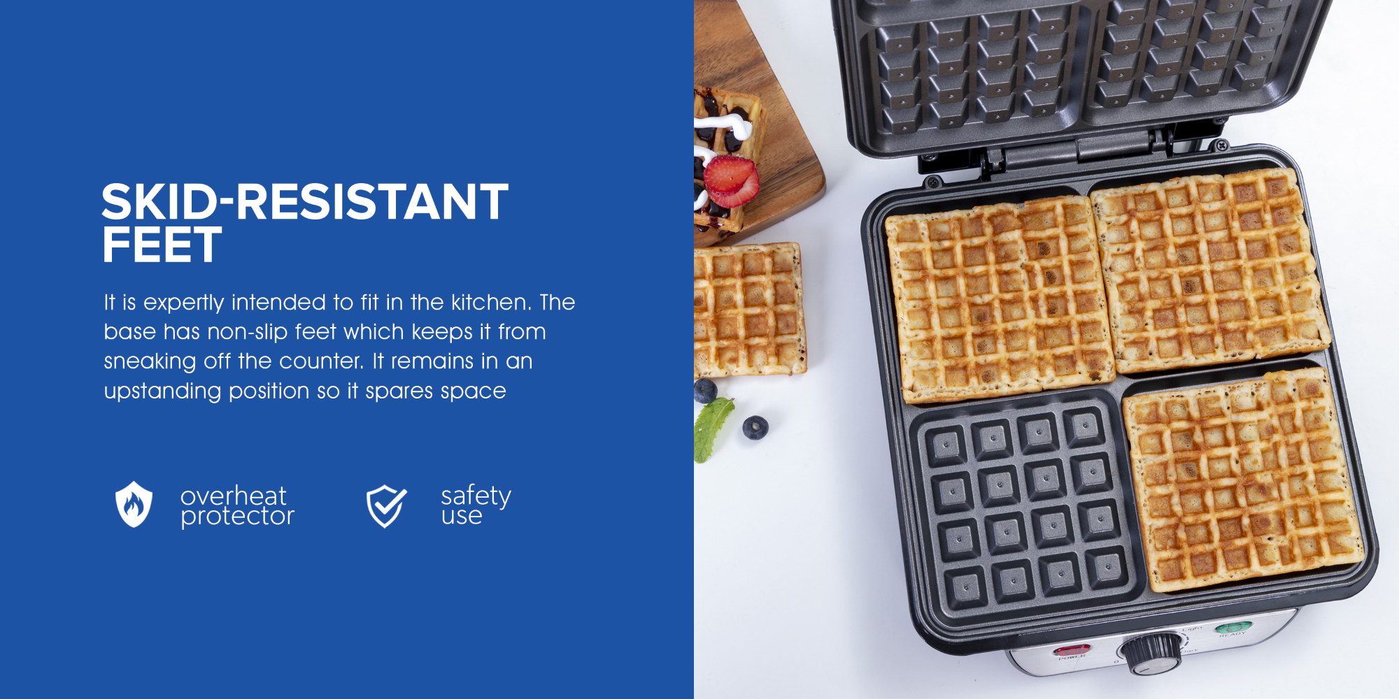Electric Waffle Maker -  4 Slice Non-Stick Electric Belgian Waffle Maker with Adjustable Temperature Control - Pre-heating, Cool Touch Body - Handle - Automatic Safety Protection 1100 W GWM5417 Silver/Black