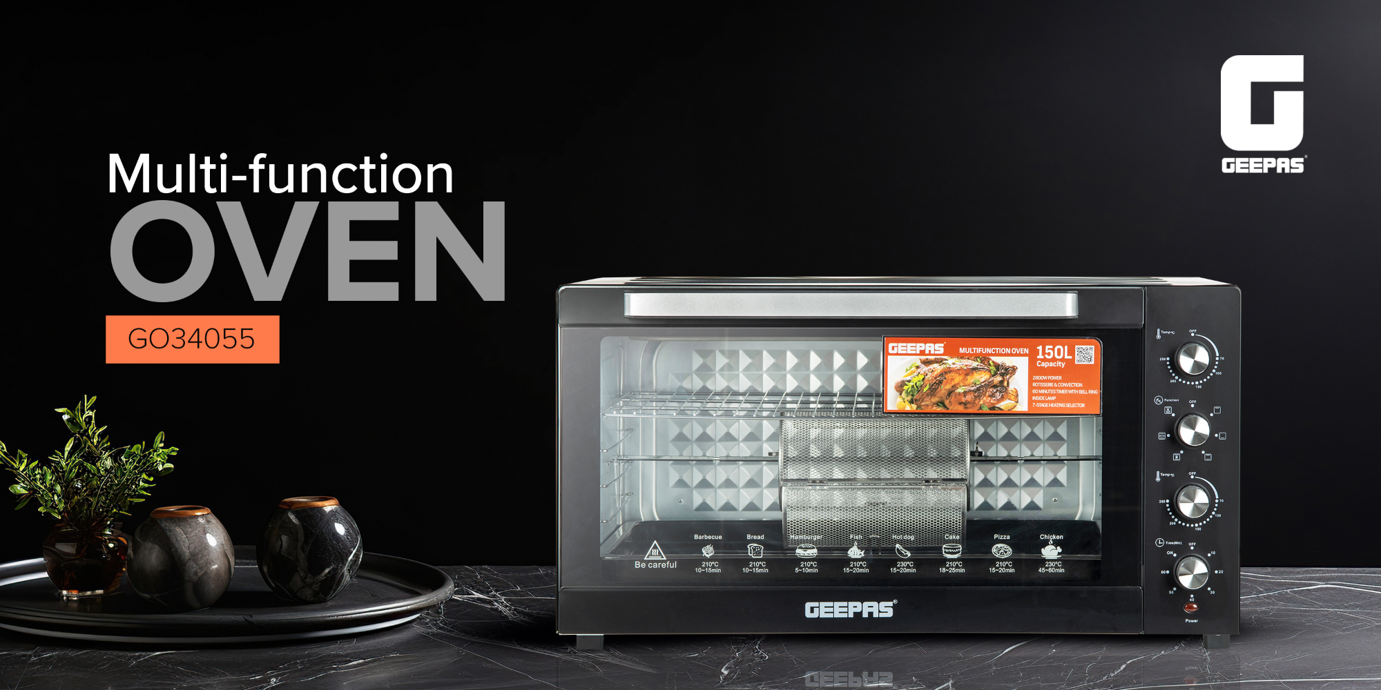 Multi-function Oven | Inside Lamp | 60-Minute Timer, Rotisserie Function, Convection Function, 2 Years Warranty, 7 Stage Heating Selector, Oven With Upgraded Easy Clean Enamel Cavity 150 L 2800 W GO34055 Black