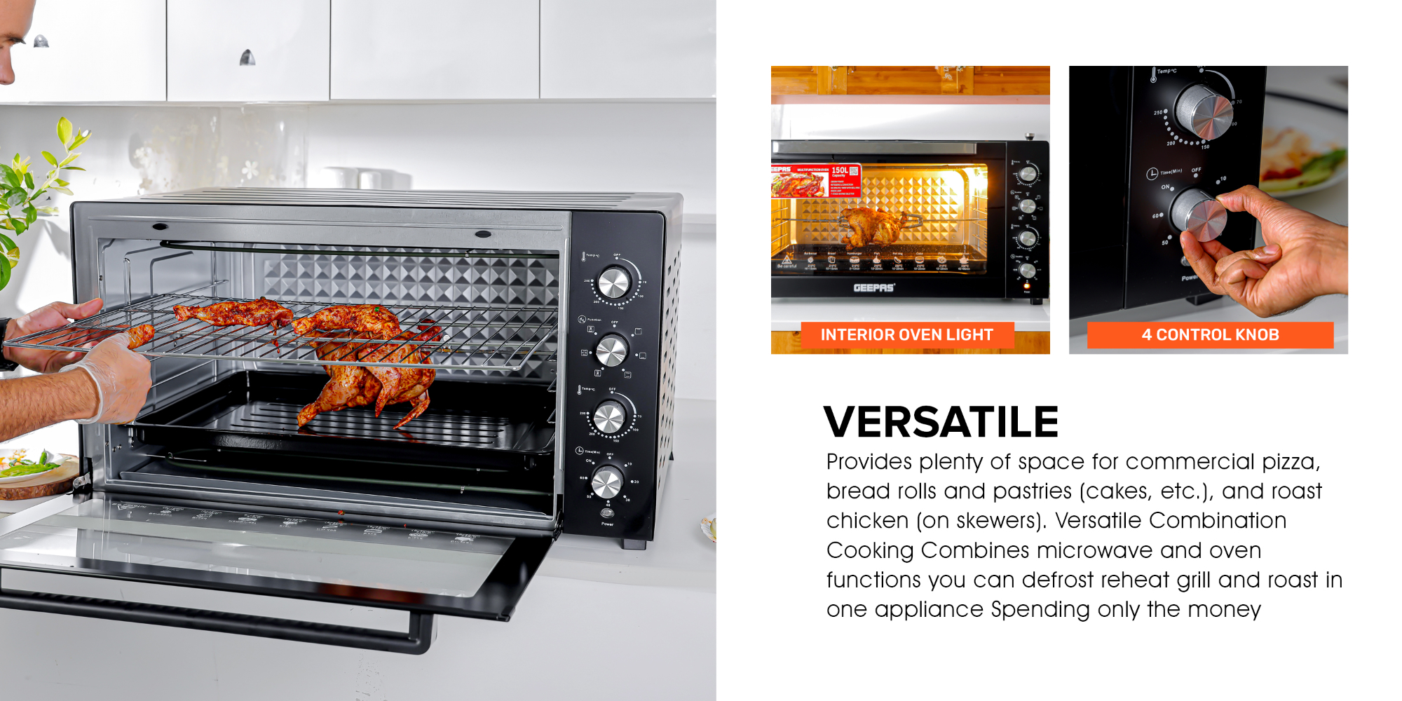 Multi-function Oven | Inside Lamp | 60-Minute Timer, Rotisserie Function, Convection Function, 2 Years Warranty, 7 Stage Heating Selector, Oven With Upgraded Easy Clean Enamel Cavity 150 L 2800 W GO34055 Black