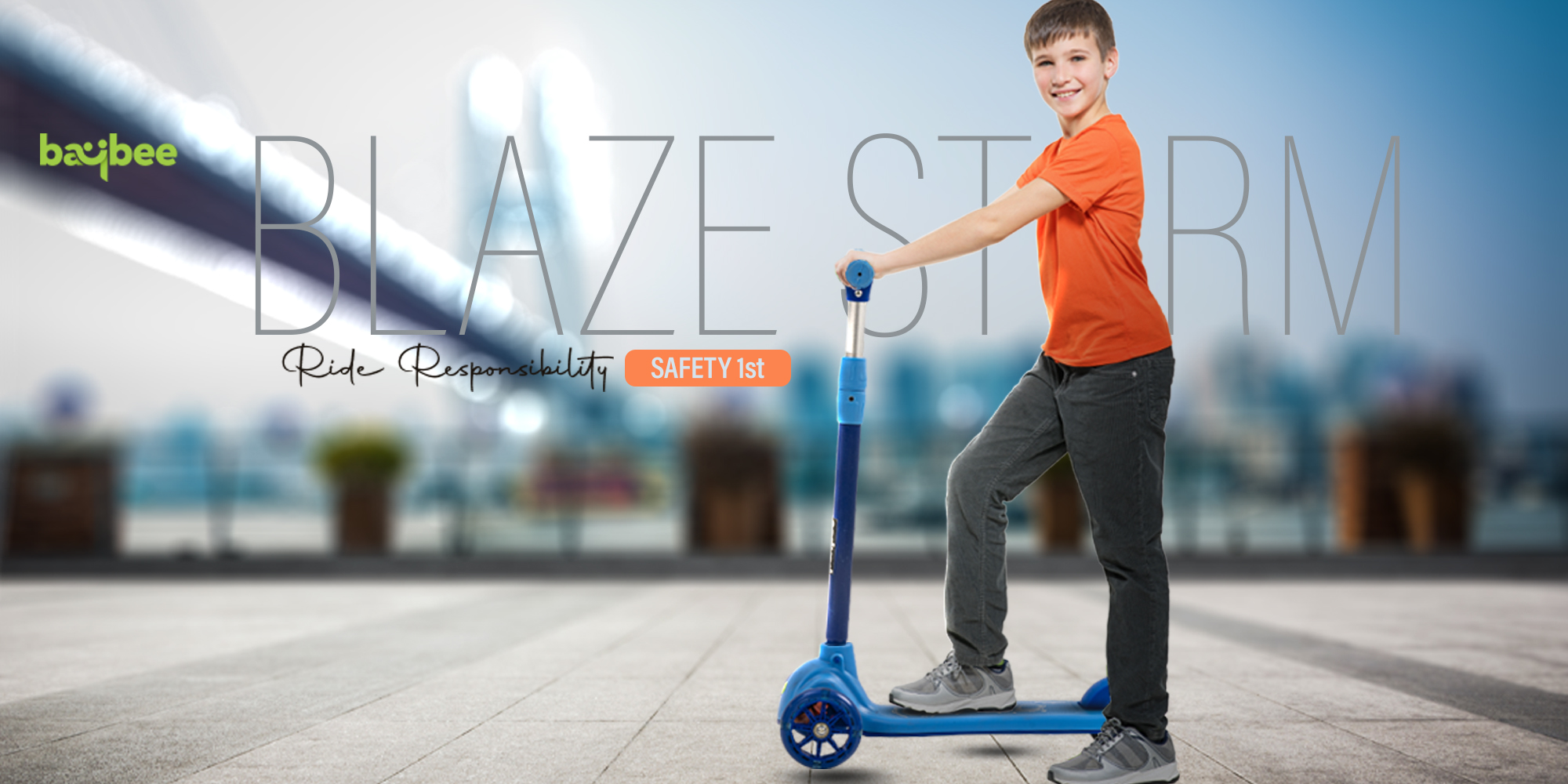 Baybee Blaze Storm Skate Scooter for Kids 3 Wheel Kids Scooter with 4 Height Adjustable Handle Baby Scooter with LED PU Wheels Smart Kick Scooter for Baby Scooter for Kids 3 to 8 Years Boy Girl Orange