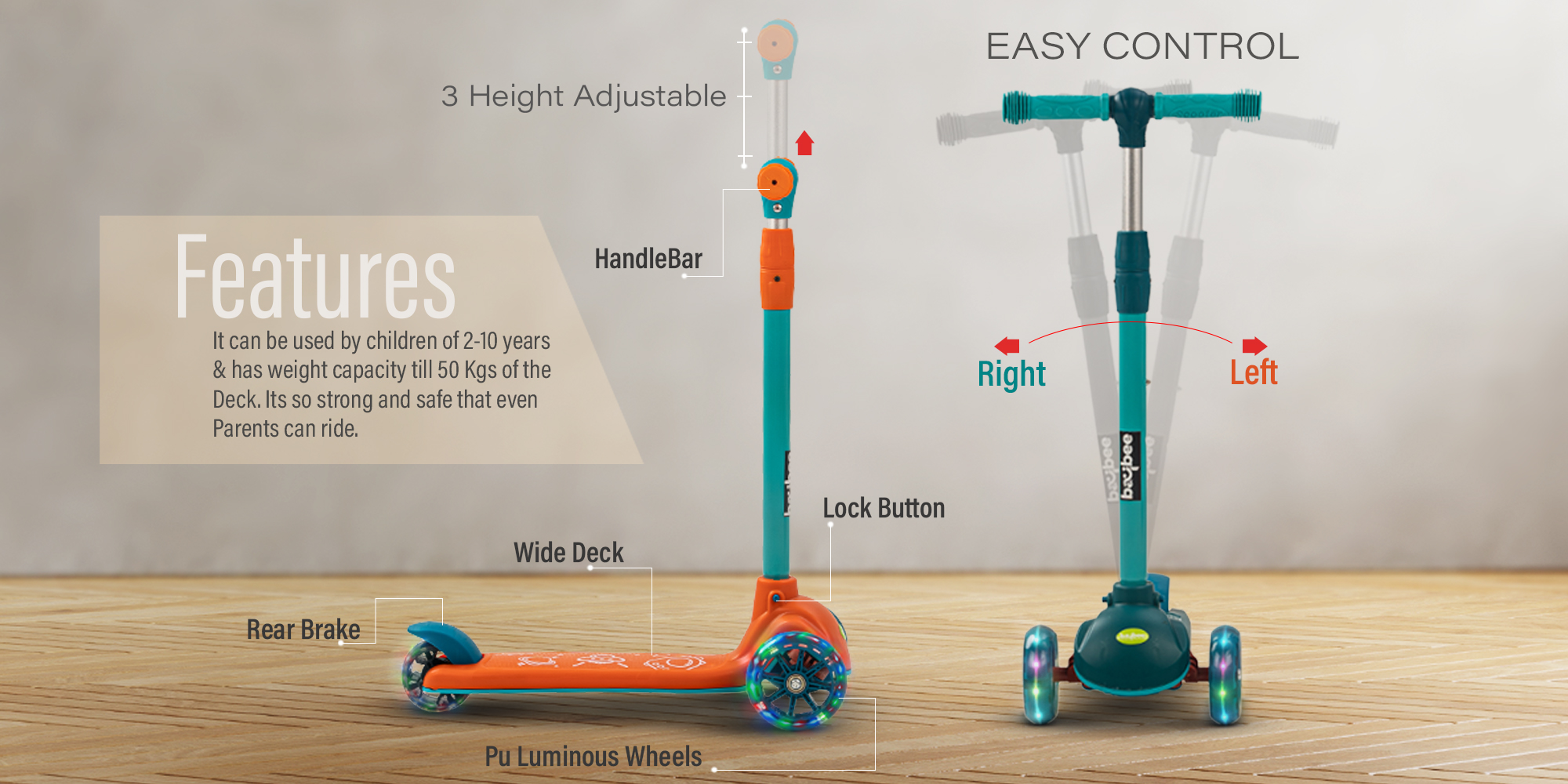 Baybee Blaze Storm Skate Scooter for Kids 3 Wheel Kids Scooter with 4 Height Adjustable Handle Baby Scooter with LED PU Wheels Smart Kick Scooter for Baby Scooter for Kids 3 to 8 Years Boy Girl Orange