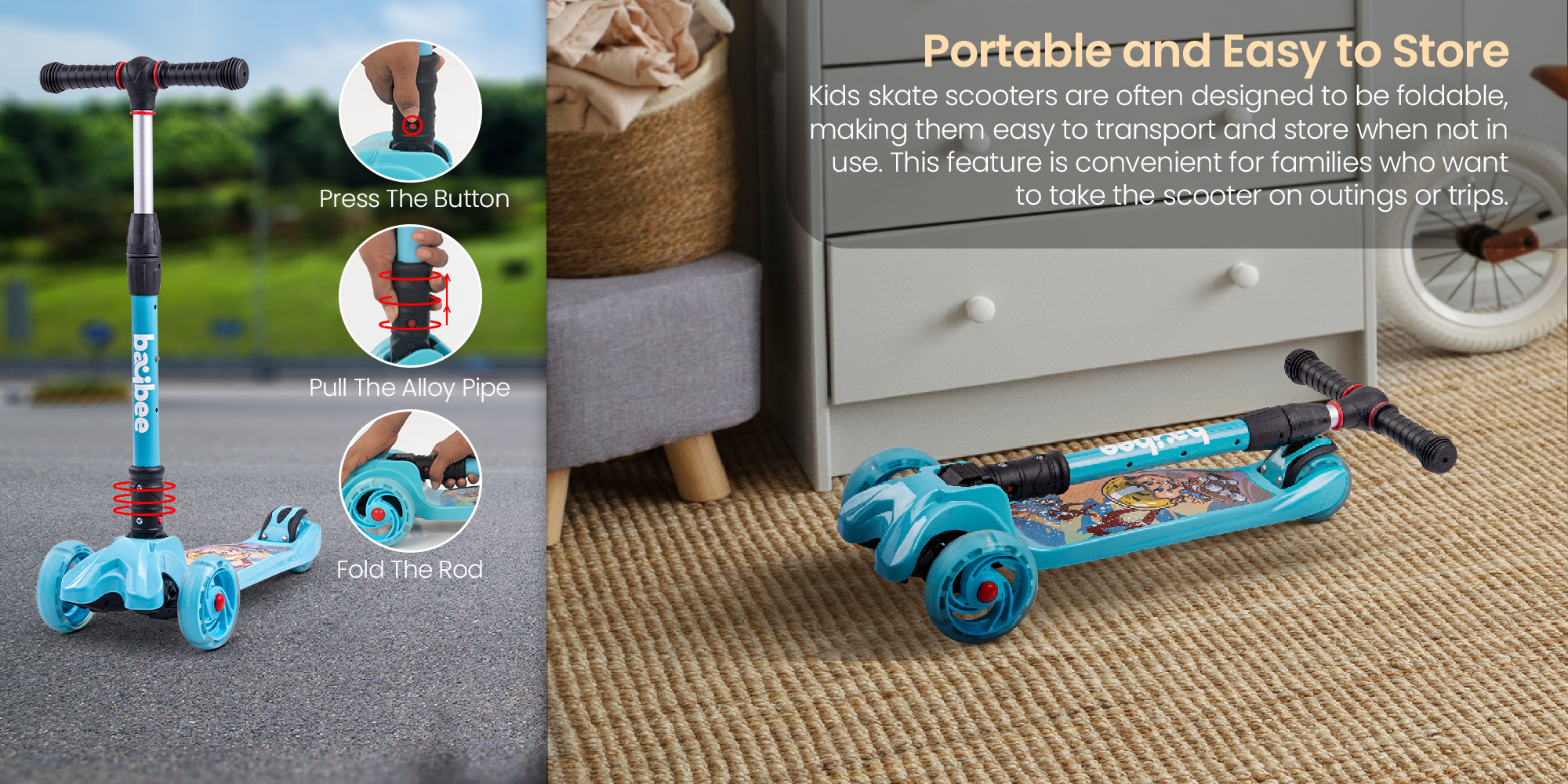 Baybee Flash Skate Scooter for Kids 3 Wheel Kids Scooter with Foldable 4 Height Adjustable Handle Baby Scooter with LED Wheels Smart Kick Scooter for Baby Scooter for Kids 3 to 10 Years Boy Girl Black