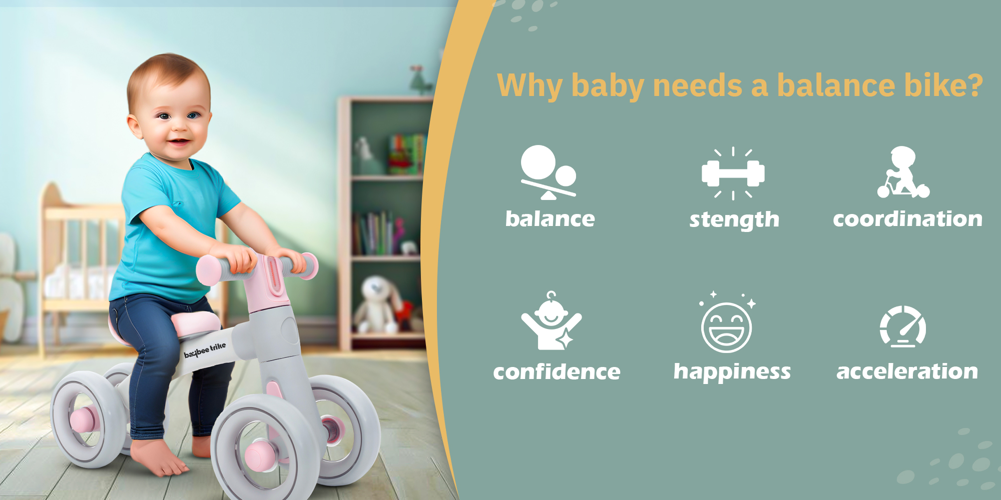 Kids Balance Bike Tricycles for Kids, 4 Wheels Toddlers Bike Ride on Toy with Widened EVA Wheels & Led Light Indoor Outdoor Play Baby Balance Cycle for Kids 12 to 24 Months Boys Girls Pink