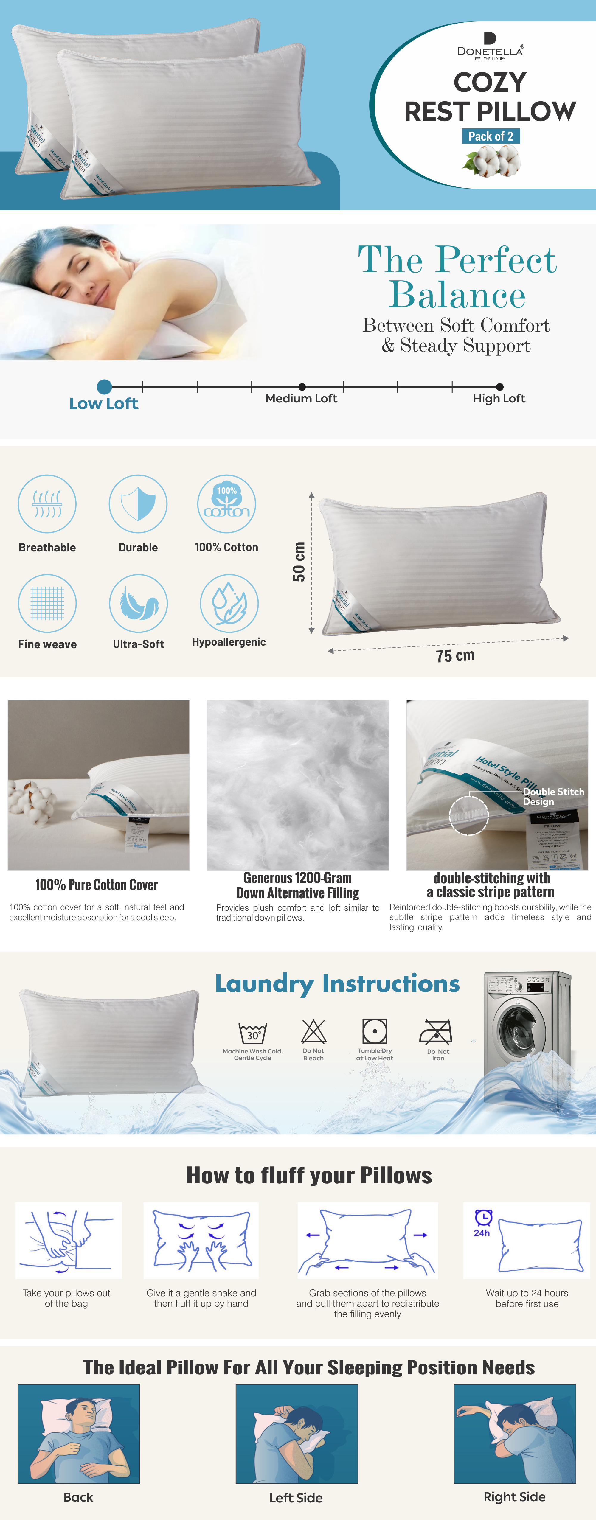 Cotton Pillow, Hotel Style, 1200 Gms, 2 Pieces, Size 50x75 cm, Cotton, Satin Stripes, Double Edge Stitched Premium Gel Fiber, Soft & Plush Bed Pillow