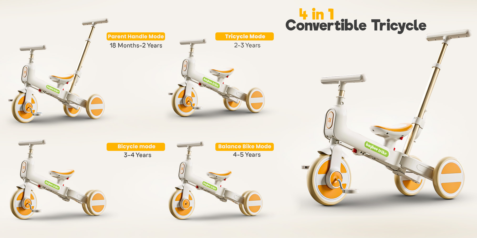 Novak 4 in 1 Convertible Baby Tricycle for Kids, Baby Kids Cycle with 3 Height Adjustable Parental Handle, Balance Bike & Bicycle Mode | Foldable Kids Tricycle Cycle for Kids 1.5 to 5 Years Orange