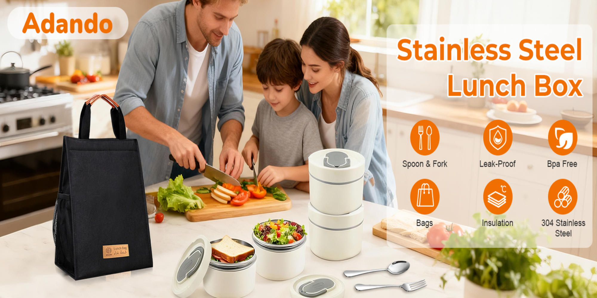 Adando Stainless Steel Lunch Box: 4 * 550ml Microwave-Safe Round Bento Box - 304 Stackable Insulated Leakproof, with Thermal Bag& Cutlery - for Adults Students Office School Picnic Camping (4 Pack)