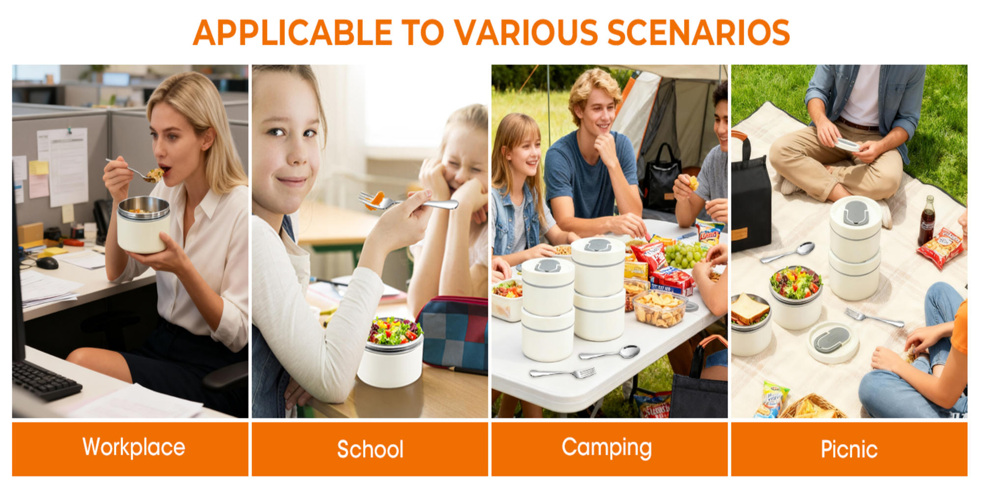 Adando Stainless Steel Lunch Box: 4 * 550ml Microwave-Safe Round Bento Box - 304 Stackable Insulated Leakproof, with Thermal Bag& Cutlery - for Adults Students Office School Picnic Camping (4 Pack)