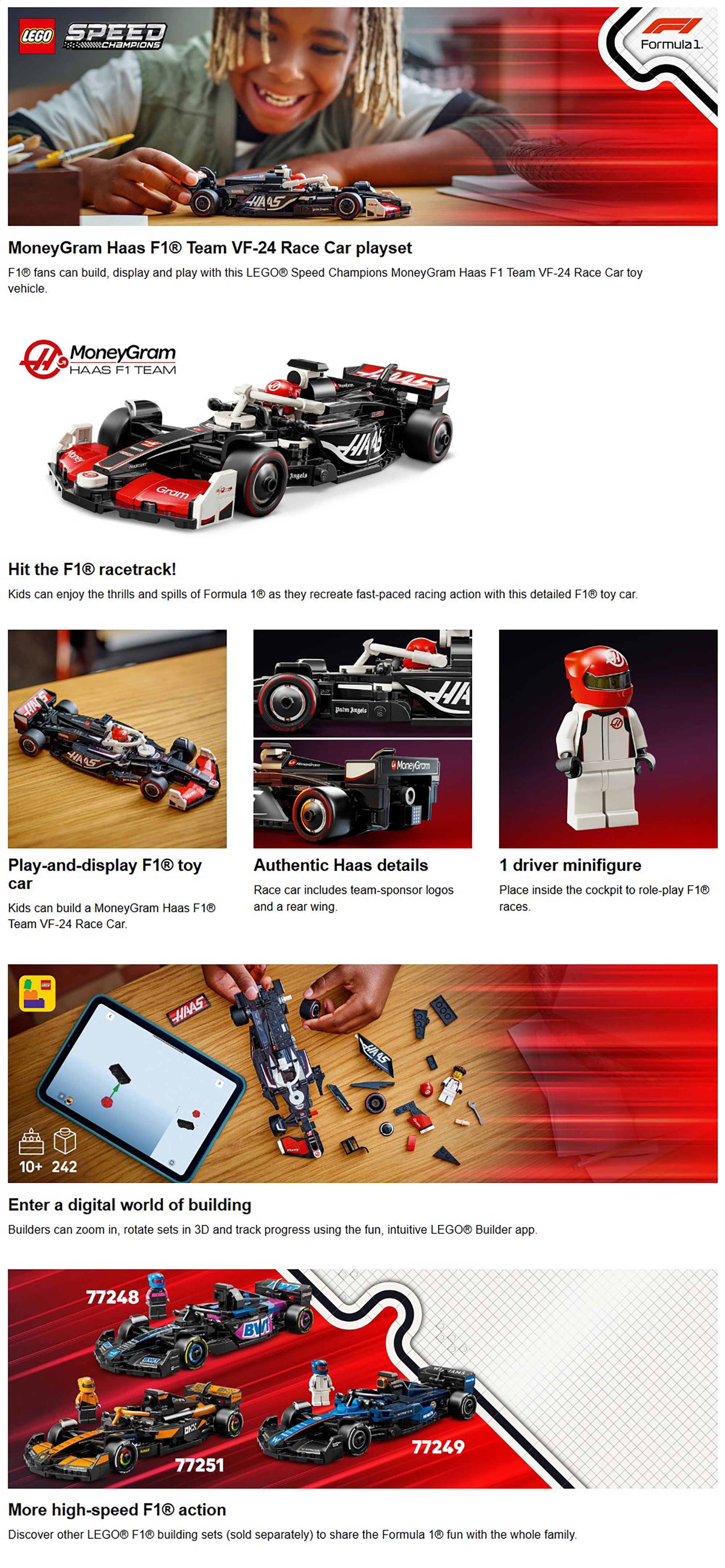 Speed Champions Moneygram Haas F1® Team Vf-24 Race Car 77250 (242) Pieces