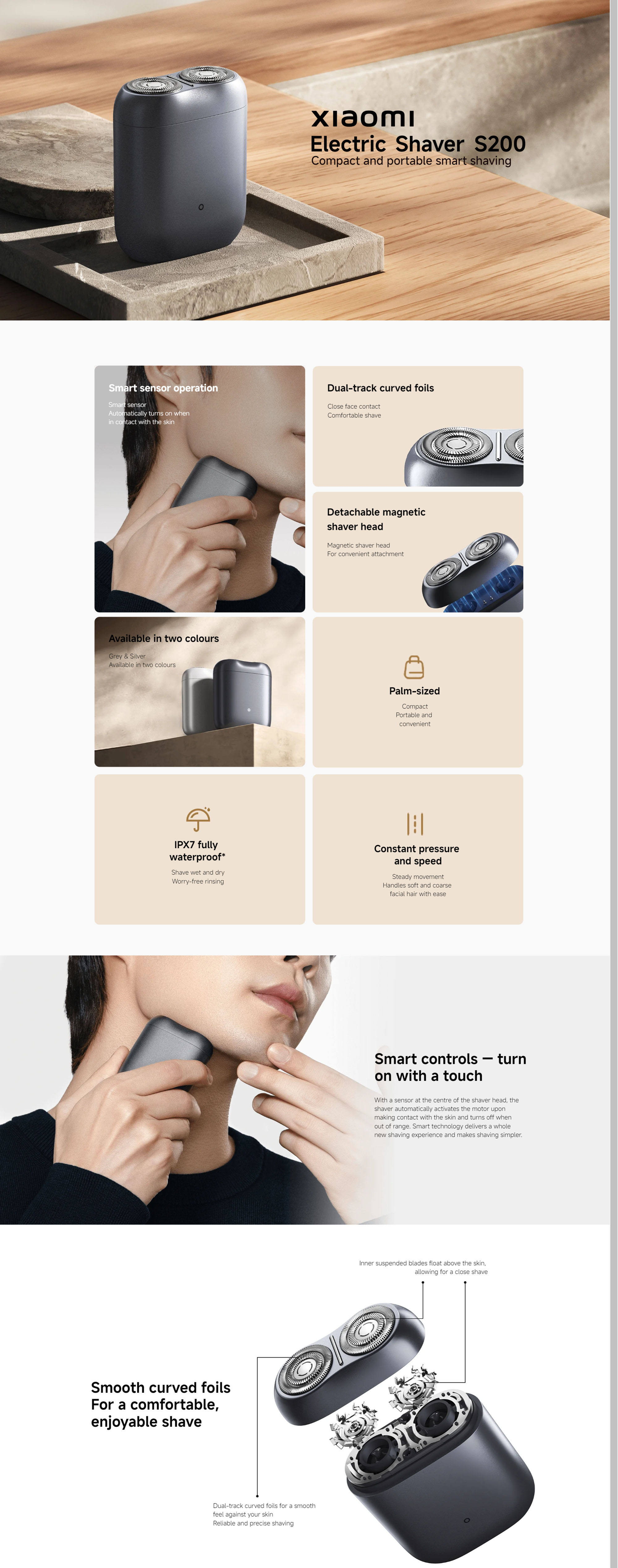 Xiaomi S200 Electric Shaver,Smart Sensor,IPX7 Waterproof,Type-C Charging-Silver