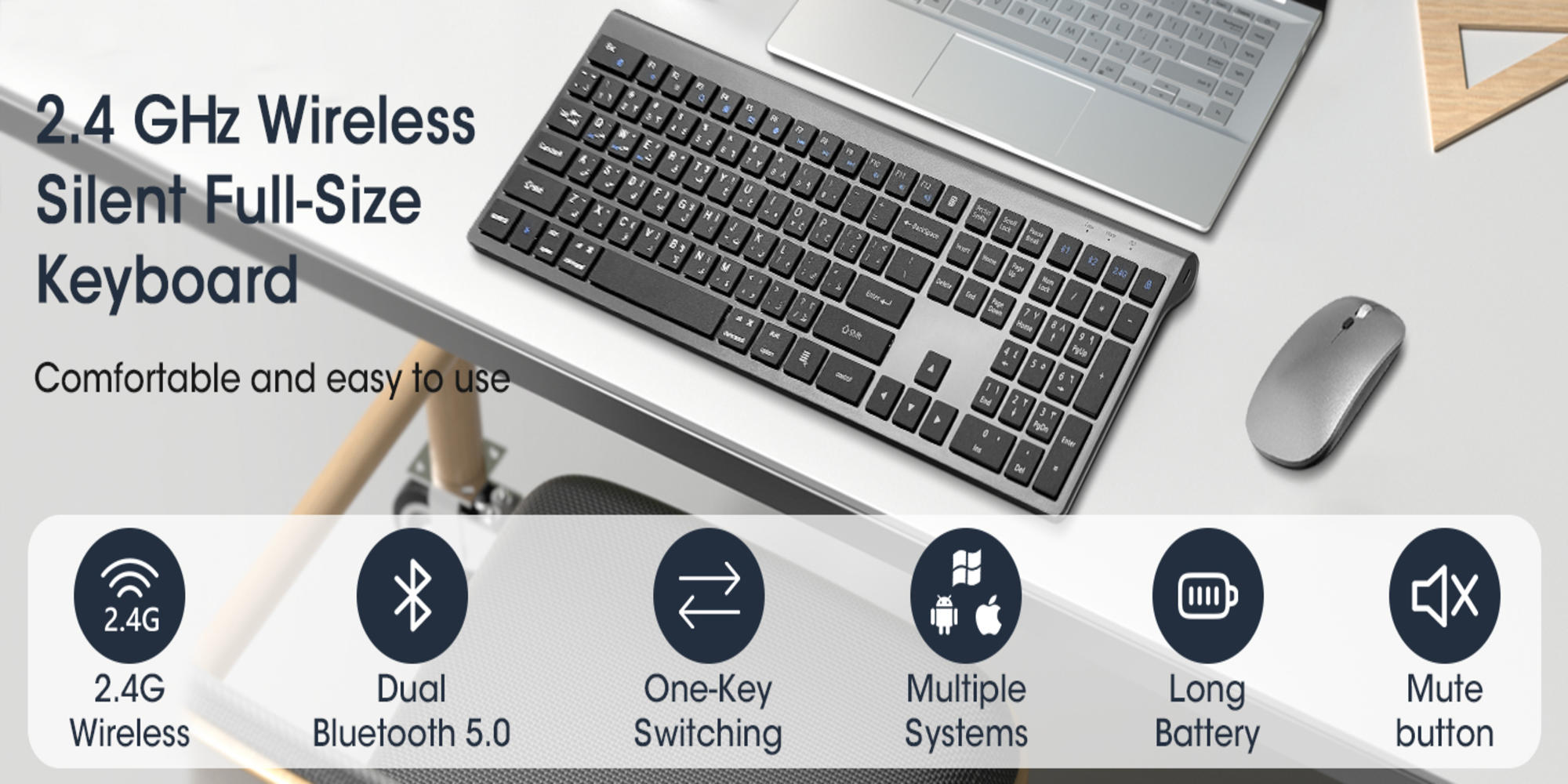 Arabic English Wireless Keyboard and Mouse: 2.4G Bluetooth Rechargeable - Full Size Silent Keyboard Mouse with Number Pad for iOS/Windows/Android - for MacBook/Air/iPad/iPhone, Computer, Laptop