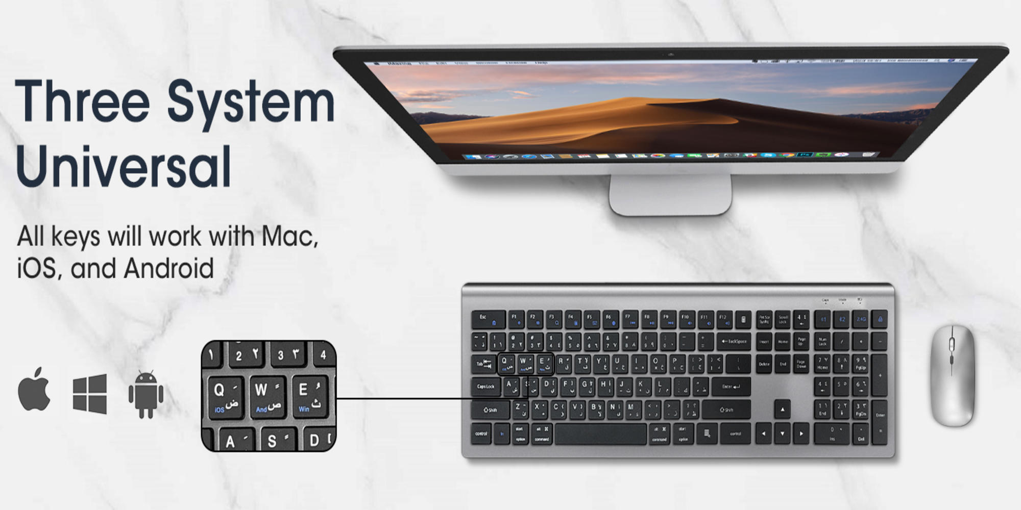 Arabic English Wireless Keyboard and Mouse: 2.4G Bluetooth Rechargeable - Full Size Silent Keyboard Mouse with Number Pad for iOS/Windows/Android - for MacBook/Air/iPad/iPhone, Computer, Laptop