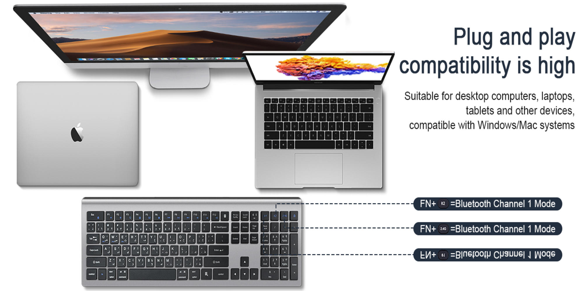 Arabic English Wireless Keyboard and Mouse: 2.4G Bluetooth Rechargeable - Full Size Silent Keyboard Mouse with Number Pad for iOS/Windows/Android - for MacBook/Air/iPad/iPhone, Computer, Laptop