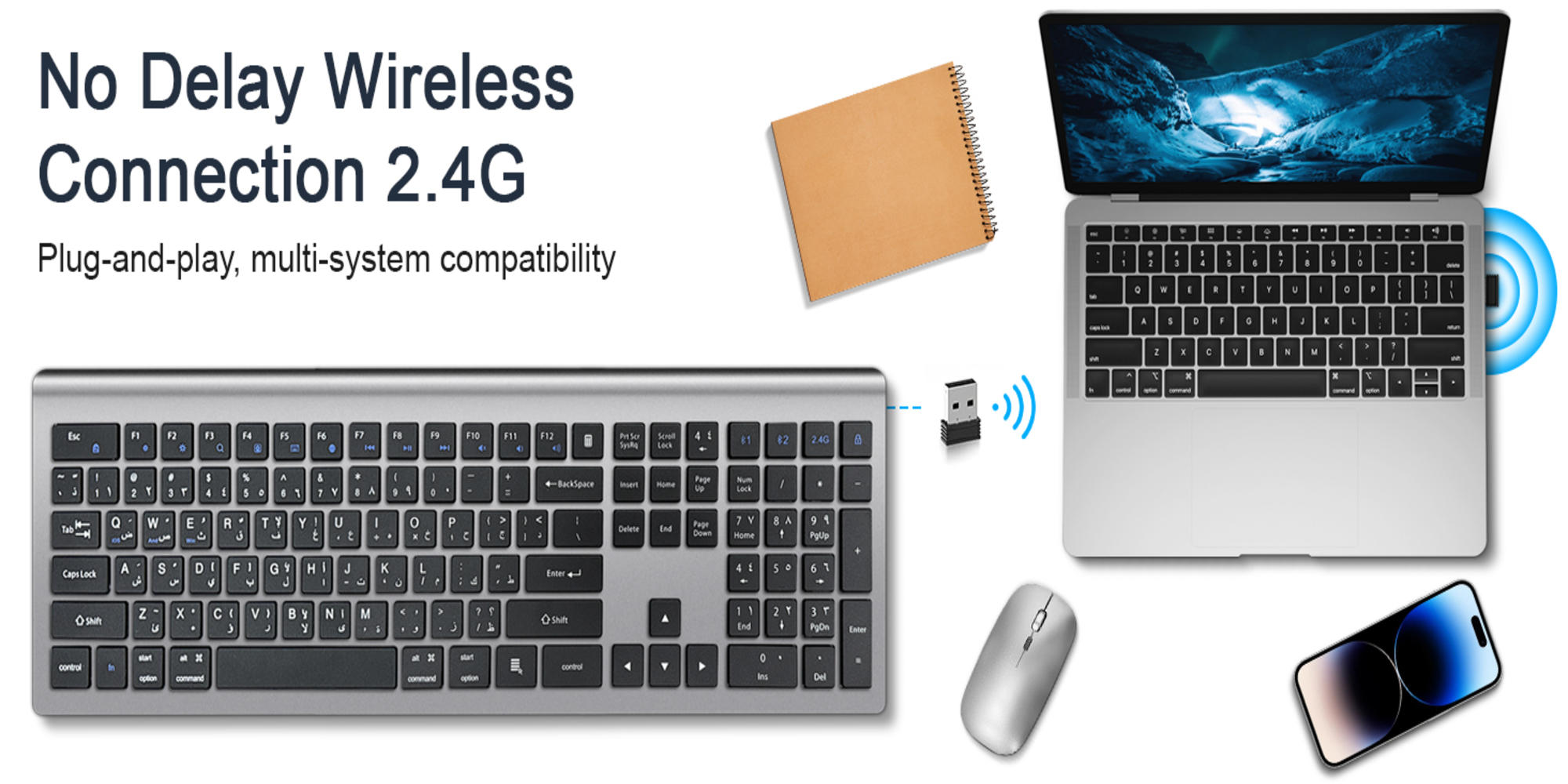 Arabic English Wireless Keyboard and Mouse: 2.4G Bluetooth Rechargeable - Full Size Silent Keyboard Mouse with Number Pad for iOS/Windows/Android - for MacBook/Air/iPad/iPhone, Computer, Laptop