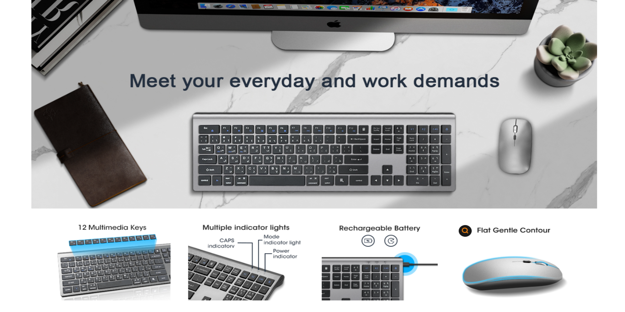 Arabic English Wireless Keyboard and Mouse: 2.4G Bluetooth Rechargeable - Full Size Silent Keyboard Mouse with Number Pad for iOS/Windows/Android - for MacBook/Air/iPad/iPhone, Computer, Laptop