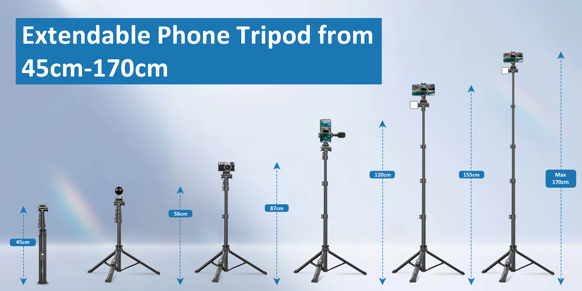 170cm Phone Camera Tripod Stand with Remote & Phone Holder, Tripod for Travel/Video Recording,Tall Smartphone Tripod Compatible with iPhone/Android/Webcamera
