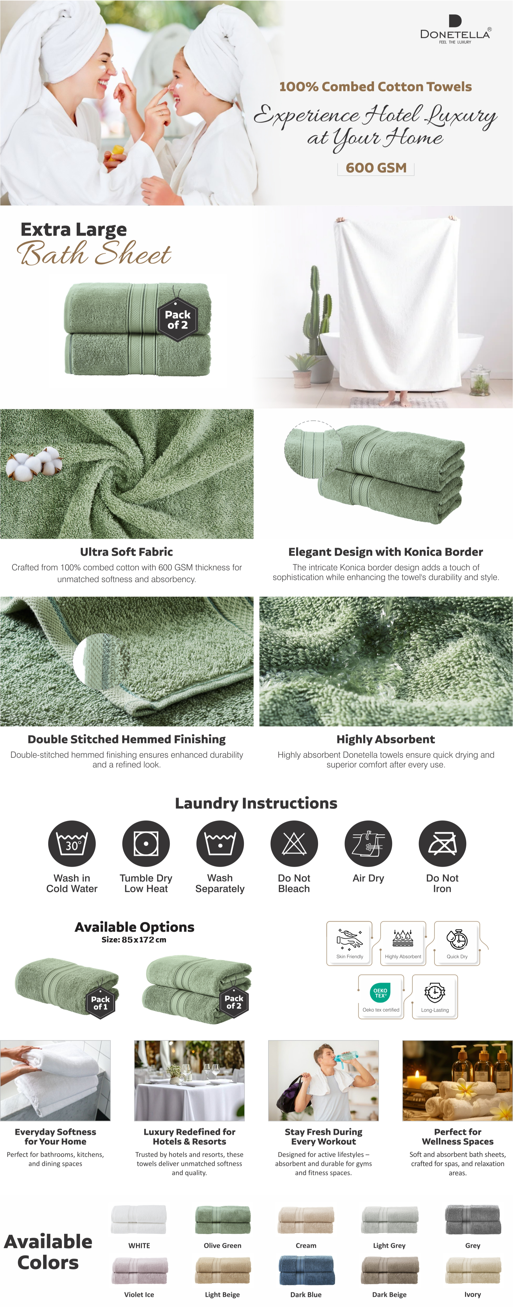 Premium 100 % Combed Cotton 2-Pcs Bath Sheet Set (85 X 172 CM) 600 GSM Large Towel, Highly Absorbent, Quick Dry,Best Towel for Bathroom, Spa And Hotel