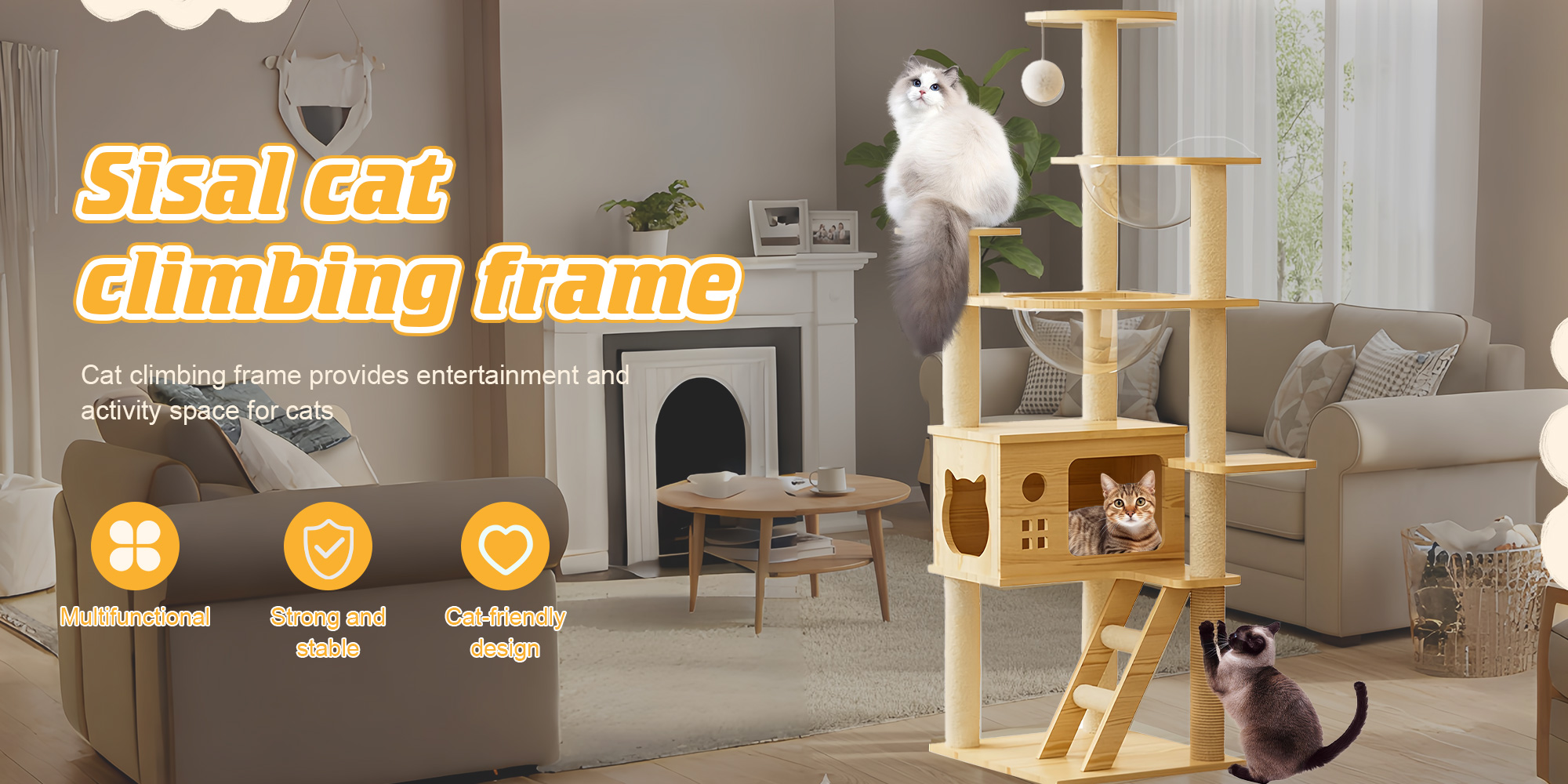 Multi-Level Cat Tree Space Capsule Wood Cat Tower Climbing Frame for Kittens