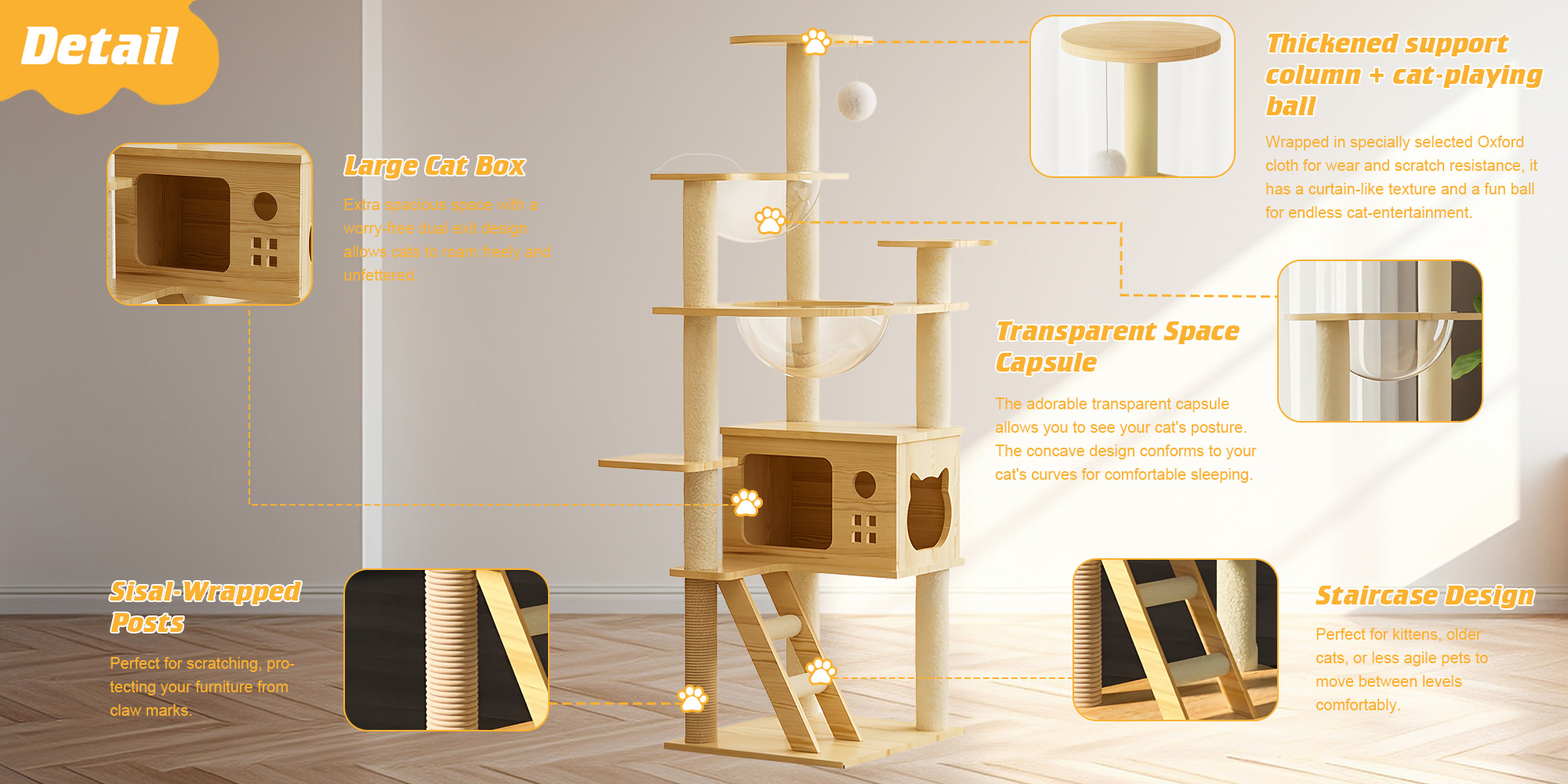 Multi-Level Cat Tree Space Capsule Wood Cat Tower Climbing Frame for Kittens