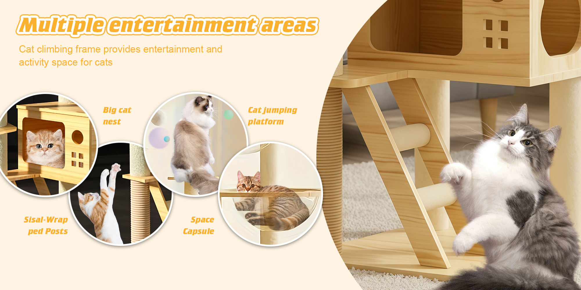 Multi-Level Cat Tree Space Capsule Wood Cat Tower Climbing Frame for Kittens