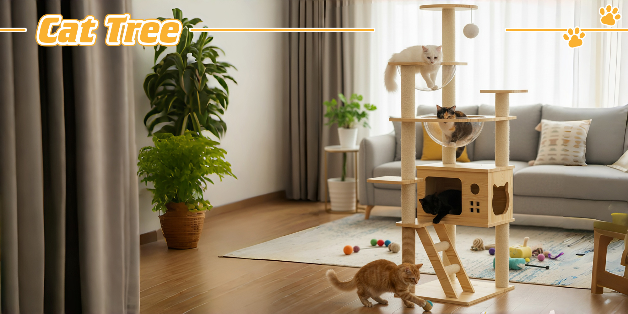 Multi-Level Cat Tree Space Capsule Wood Cat Tower Climbing Frame for Kittens