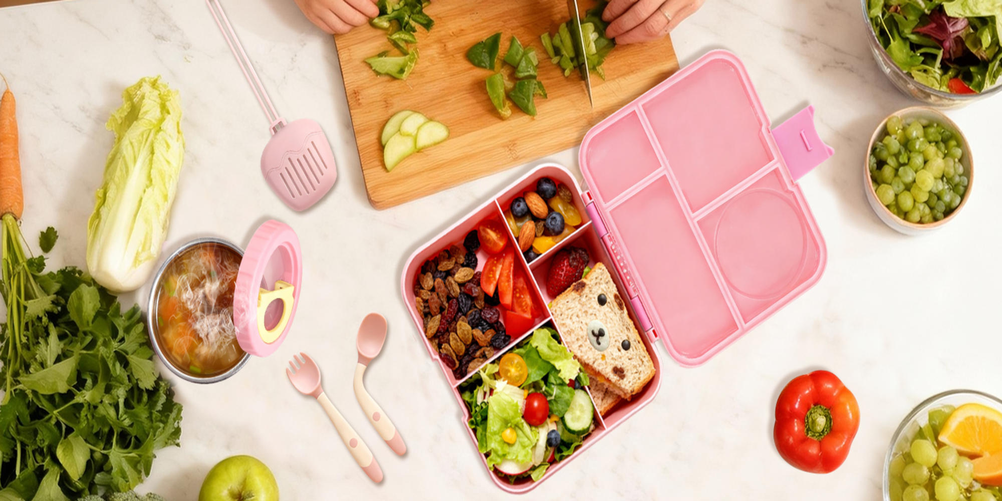 Adando Bento Lunch Box for Kids: 4-Compartment 2-Temperature Zones BPA-Free Lunch Containers with 8oz Stainless Steel Insulated Thermos Food Jar - Ideal for Girls Daycare School Meals (Pink)
