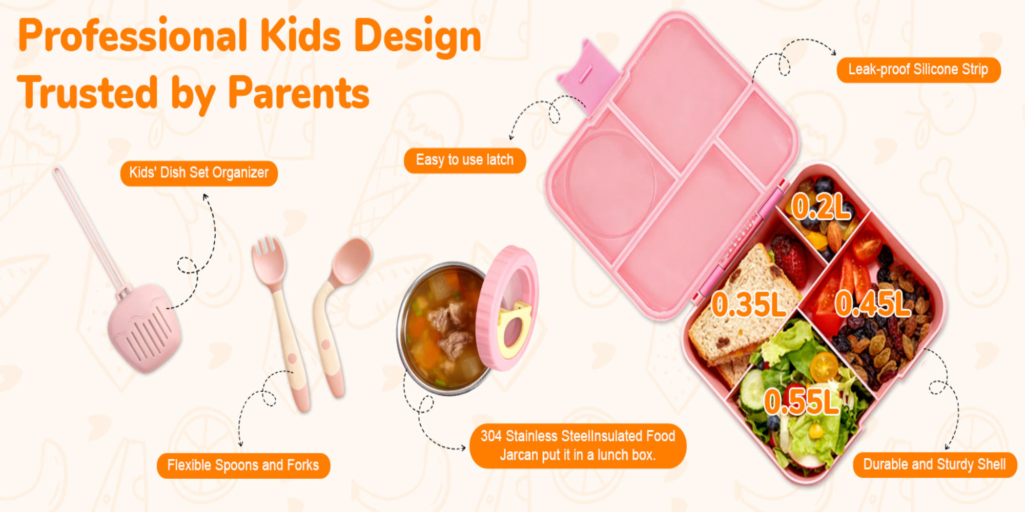 Adando Bento Lunch Box for Kids: 4-Compartment 2-Temperature Zones BPA-Free Lunch Containers with 8oz Stainless Steel Insulated Thermos Food Jar - Ideal for Girls Daycare School Meals (Pink)