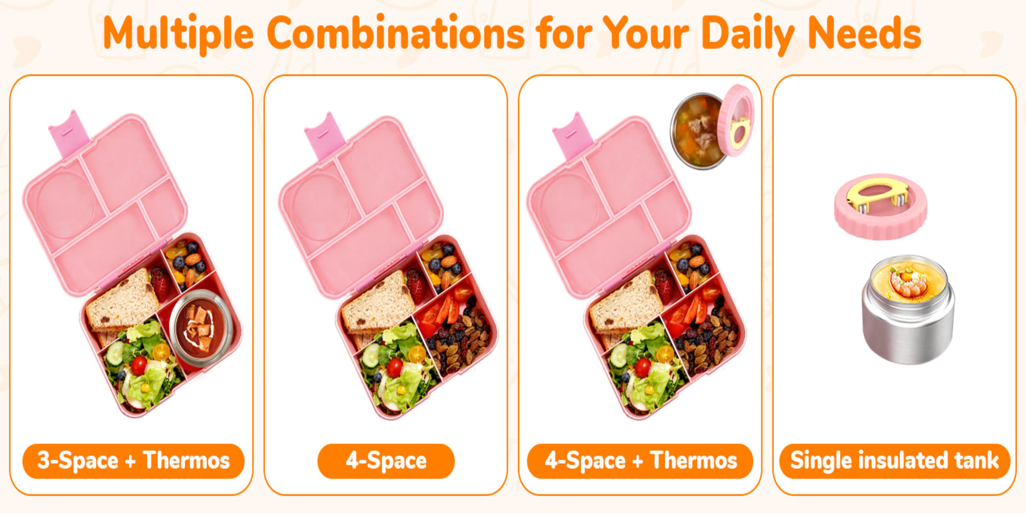 Adando Bento Lunch Box for Kids: 4-Compartment 2-Temperature Zones BPA-Free Lunch Containers with 8oz Stainless Steel Insulated Thermos Food Jar - Ideal for Girls Daycare School Meals (Pink)