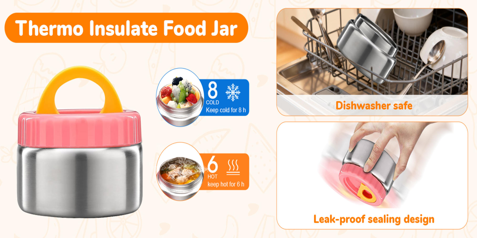 Adando Bento Lunch Box for Kids: 4-Compartment 2-Temperature Zones BPA-Free Lunch Containers with 8oz Stainless Steel Insulated Thermos Food Jar - Ideal for Girls Daycare School Meals (Pink)