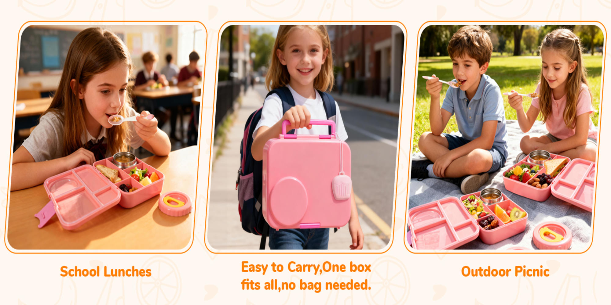 Adando Bento Lunch Box for Kids: 4-Compartment 2-Temperature Zones BPA-Free Lunch Containers with 8oz Stainless Steel Insulated Thermos Food Jar - Ideal for Girls Daycare School Meals (Pink)