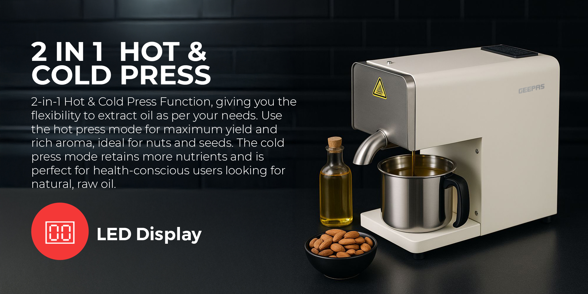 2 IN 1 Household Oil Press Machine  600 W | Stainless Steel Cold & Hot Oil Extractor with Automatic Feeding, Intelligent Temperature Control | High Oil Yield for Sunflower, Peanut, Walnut, Sesame, Almond & More | GOP63091 GOP63091 silver