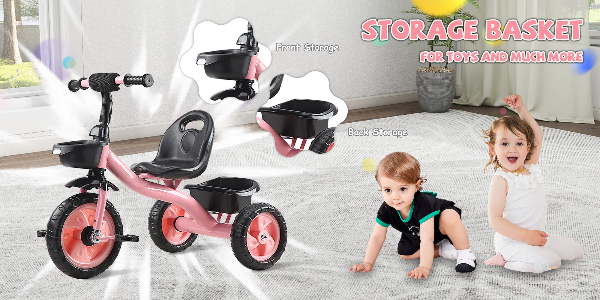 Tricycles for Kids, with Storage Basket, Adjustable Seat and Pedal, Children Trike for 1-6 Years Boys and Girls, Balance Bike for Indoor Outdoor Fun