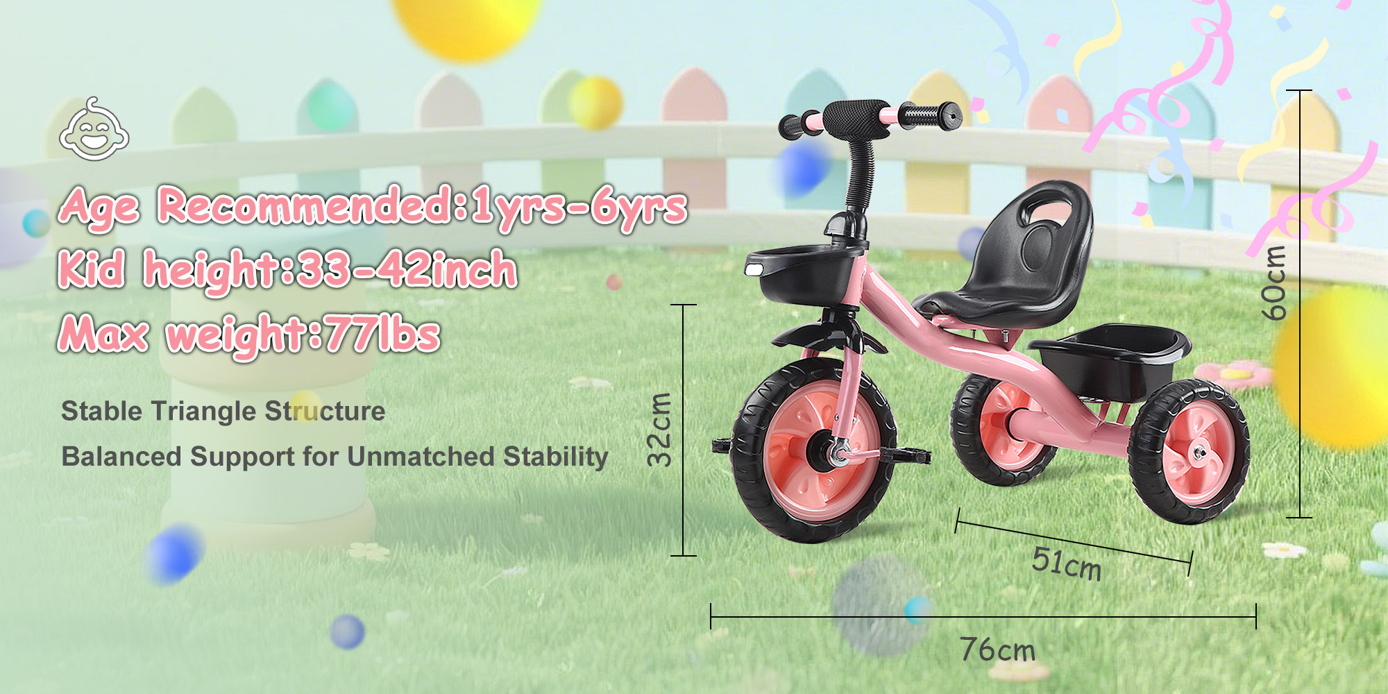 Tricycles for Kids, with Storage Basket, Adjustable Seat and Pedal, Children Trike for 1-6 Years Boys and Girls, Balance Bike for Indoor Outdoor Fun