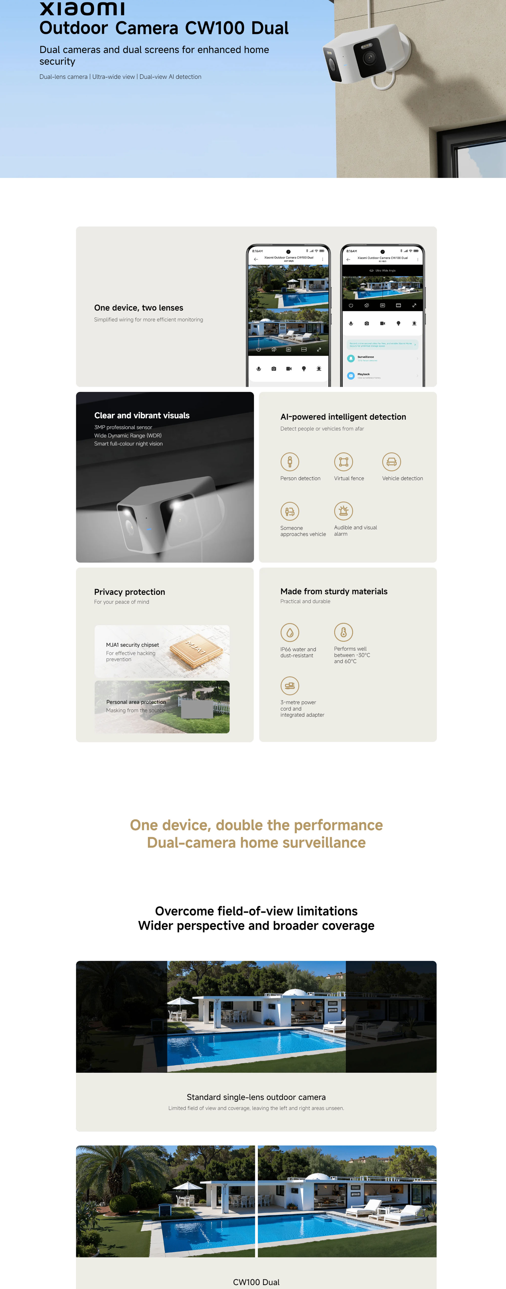 Outdoor Camera CW100 Dual | 2K 3MP Outdoor Security Cameras with Dual Lenses, Color Night Vision, 360° Pan-Tilt, AI Human Detection, IP66 Weatherproof, 2.4GHz WiFi