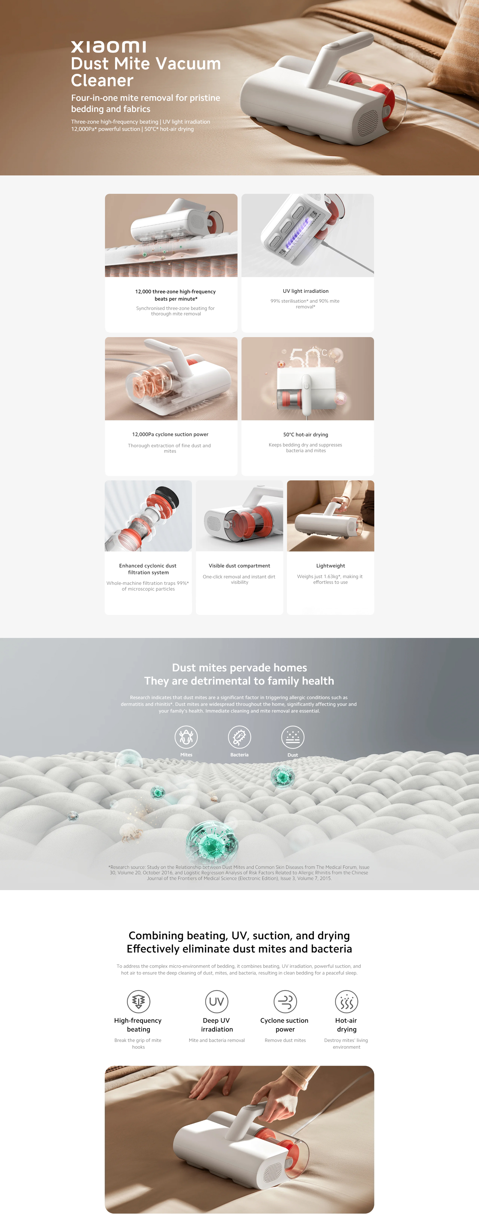 Dust Mite Vacuum Cleaner,UV Sterilization,12000Pa Suction Power,Hot Air Drying,Cyclonic Filtration For Bedding and Fabric 300 ml 350 W MJCMY02EU White