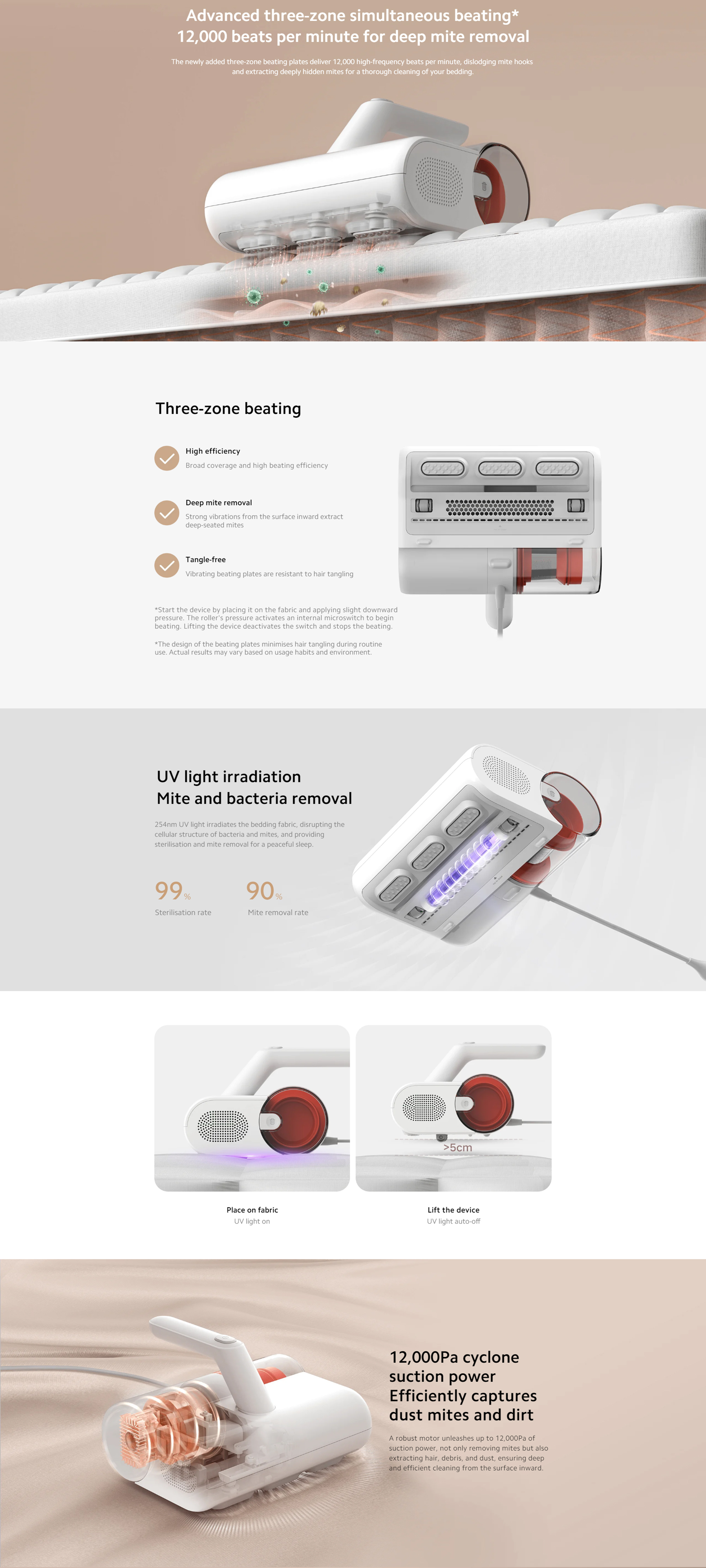 Dust Mite Vacuum Cleaner,UV Sterilization,12000Pa Suction Power,Hot Air Drying,Cyclonic Filtration For Bedding and Fabric 300 ml 350 W MJCMY02EU White