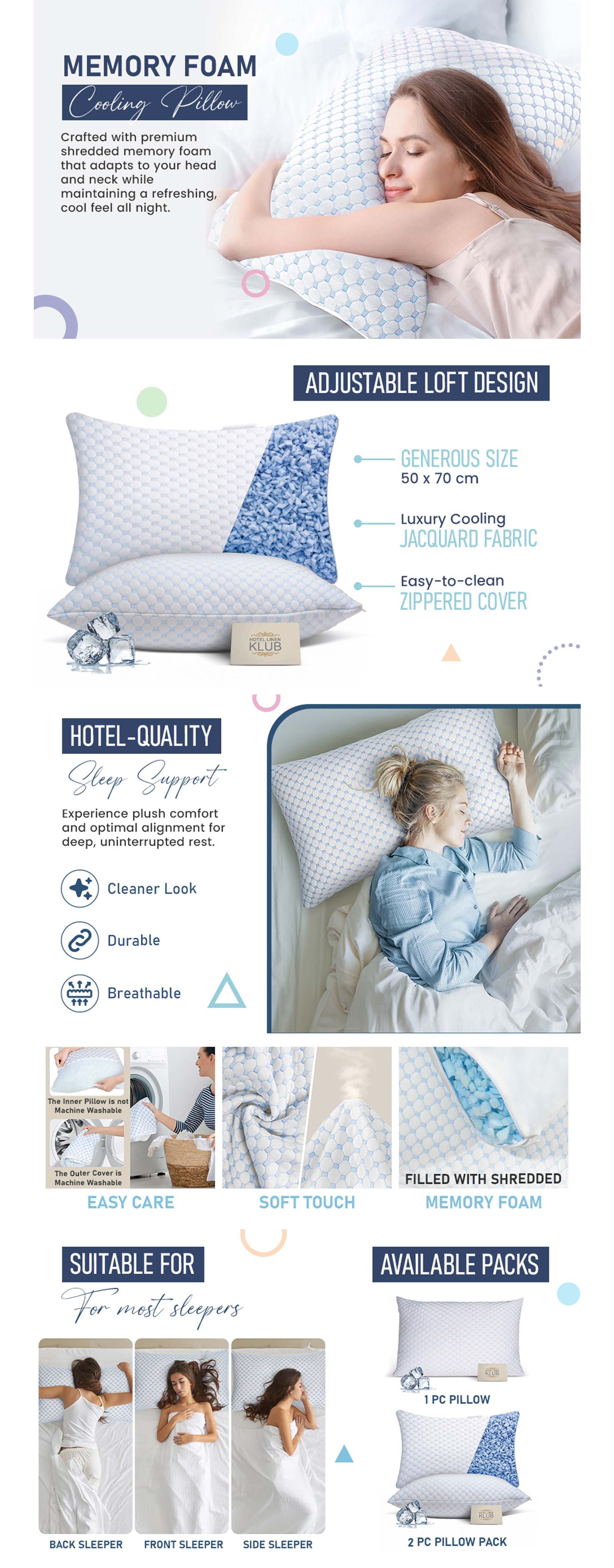 1-Piece Memory Foam Cooling Pillow with Adjustable Loft – Cooling Jacquard Fabric– Removable and Washable Cover – Hotel Luxury Sleep– Support for Side, Back, Stomach Sleepers , 50 x 70cm