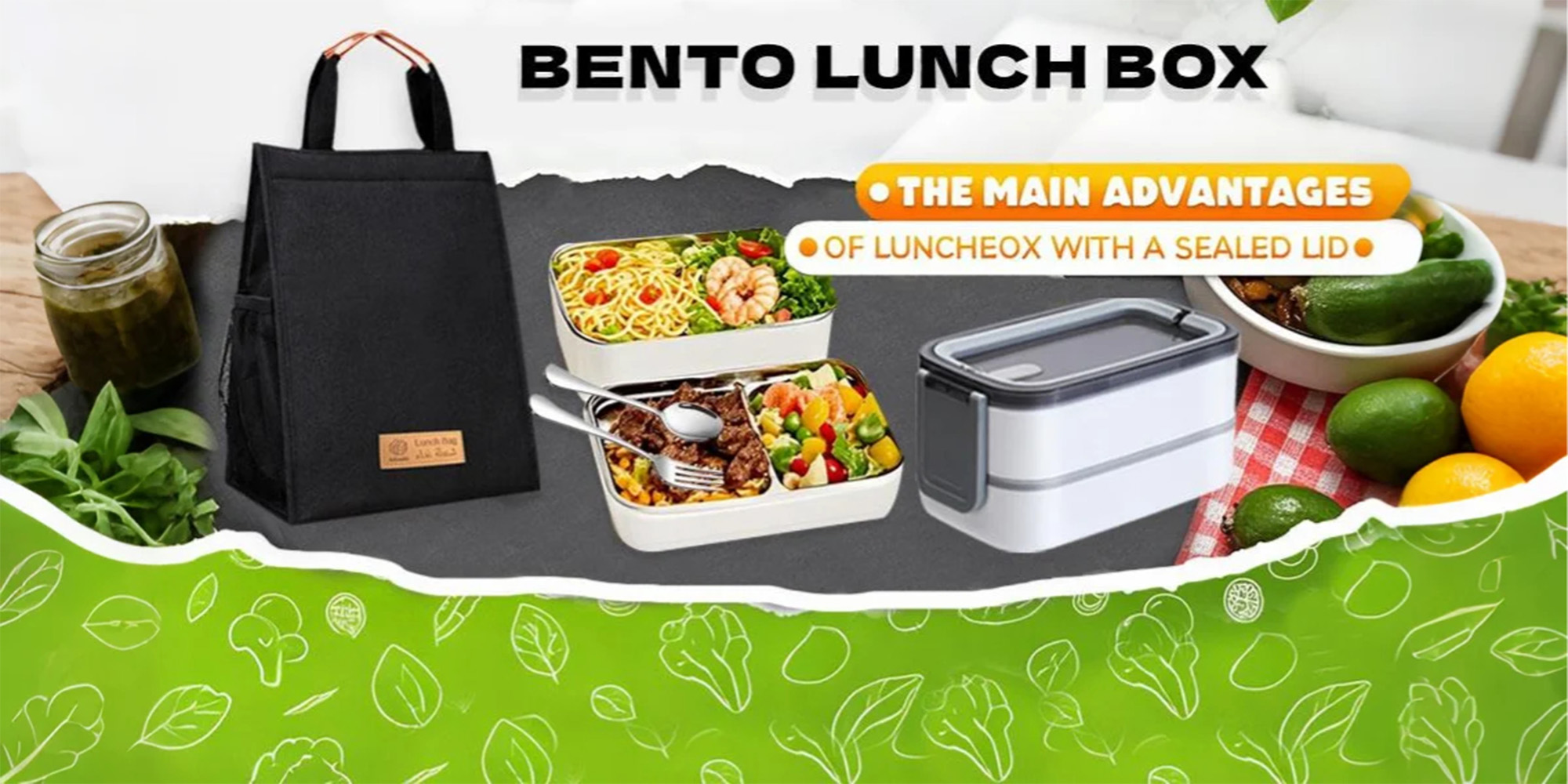 Adando Stainless Steel Lunch Box-1400ml Double Layer Microwave-Safe Bento Box- 304 Leakproof Tiffin box- Thermos Lunch Box Thermal Insulation Detachable- for Adults Students Office School- with Thermal Bag & Cutlery