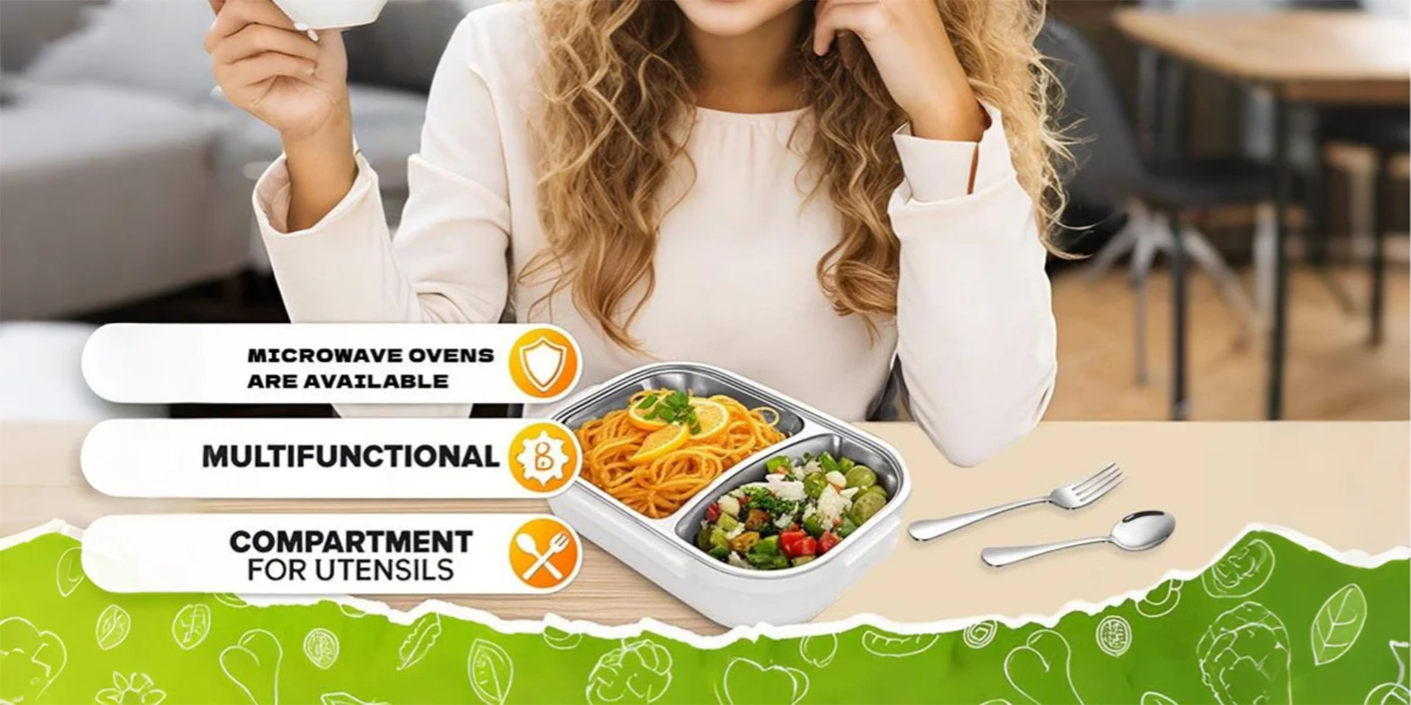 Adando Stainless Steel Lunch Box-1400ml Double Layer Microwave-Safe Bento Box- 304 Leakproof Tiffin box- Thermos Lunch Box Thermal Insulation Detachable- for Adults Students Office School- with Thermal Bag & Cutlery