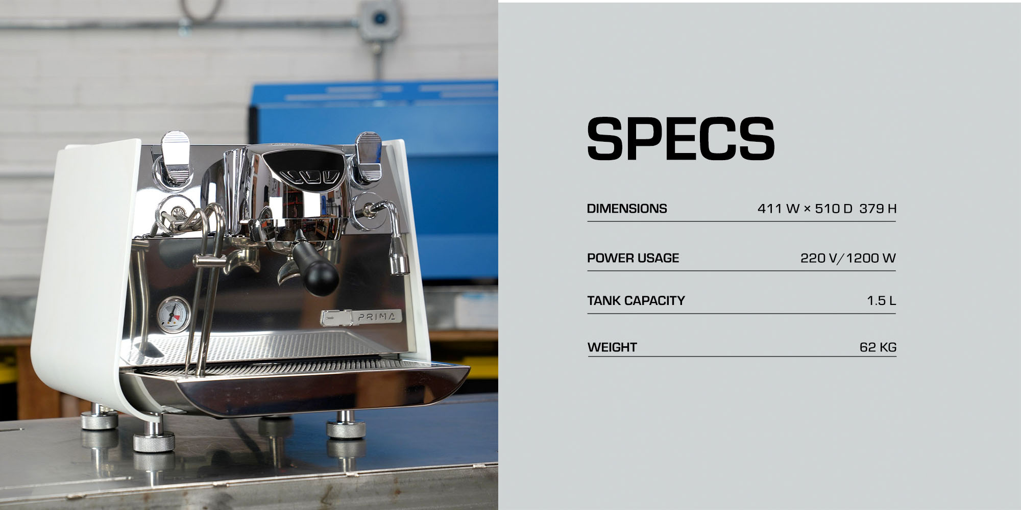 Eagle One Prima Single‑Group Espresso Machine Volumetric, Dual‑Boiler, 1600–2600W, Tank or Direct‑Plumb Water, Cool‑Touch Steam Wand, Digital Control via App, White