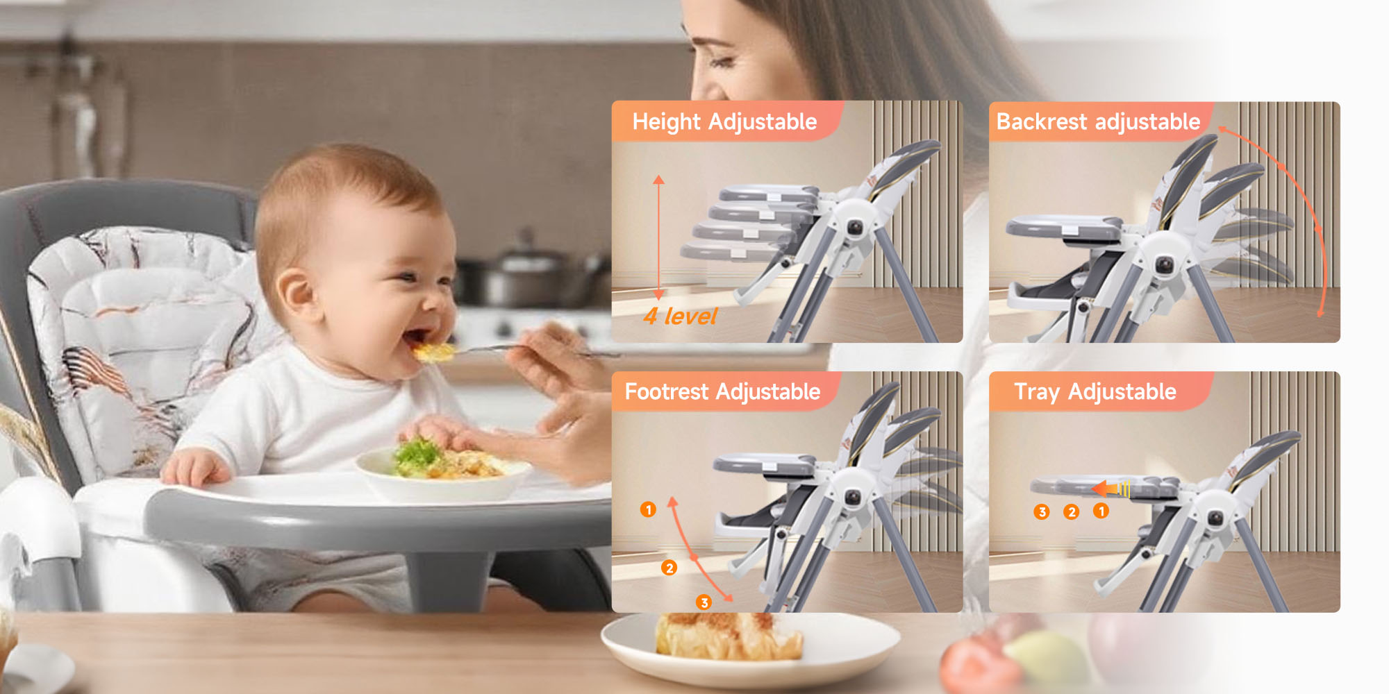 Baby High Chair | 5-Level Adjustable Foldable High Chair with Wheels & Double Trays | 4-Position Reclining Seat & 3-Stage Footrest | Safe Feeding Chair for Infants 6M-3 Years