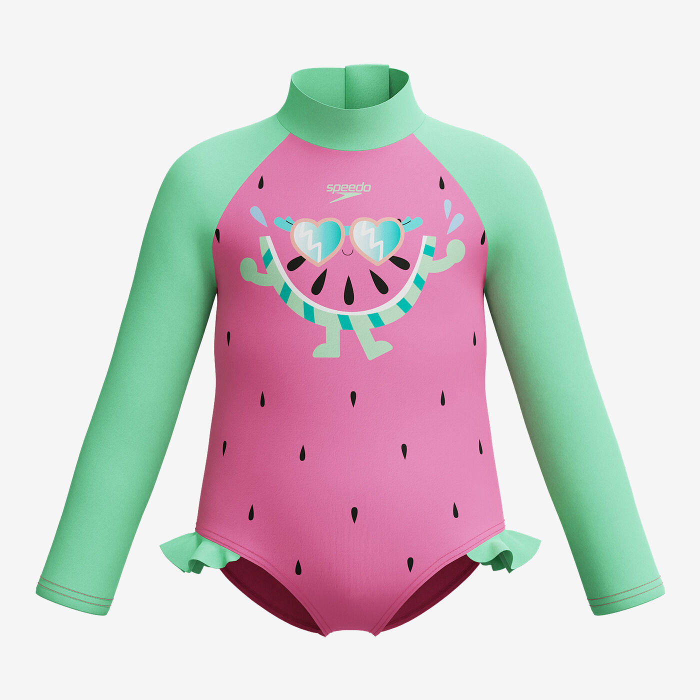 Kids' Digital Long Sleeve Frill One-Piece Swimsuit